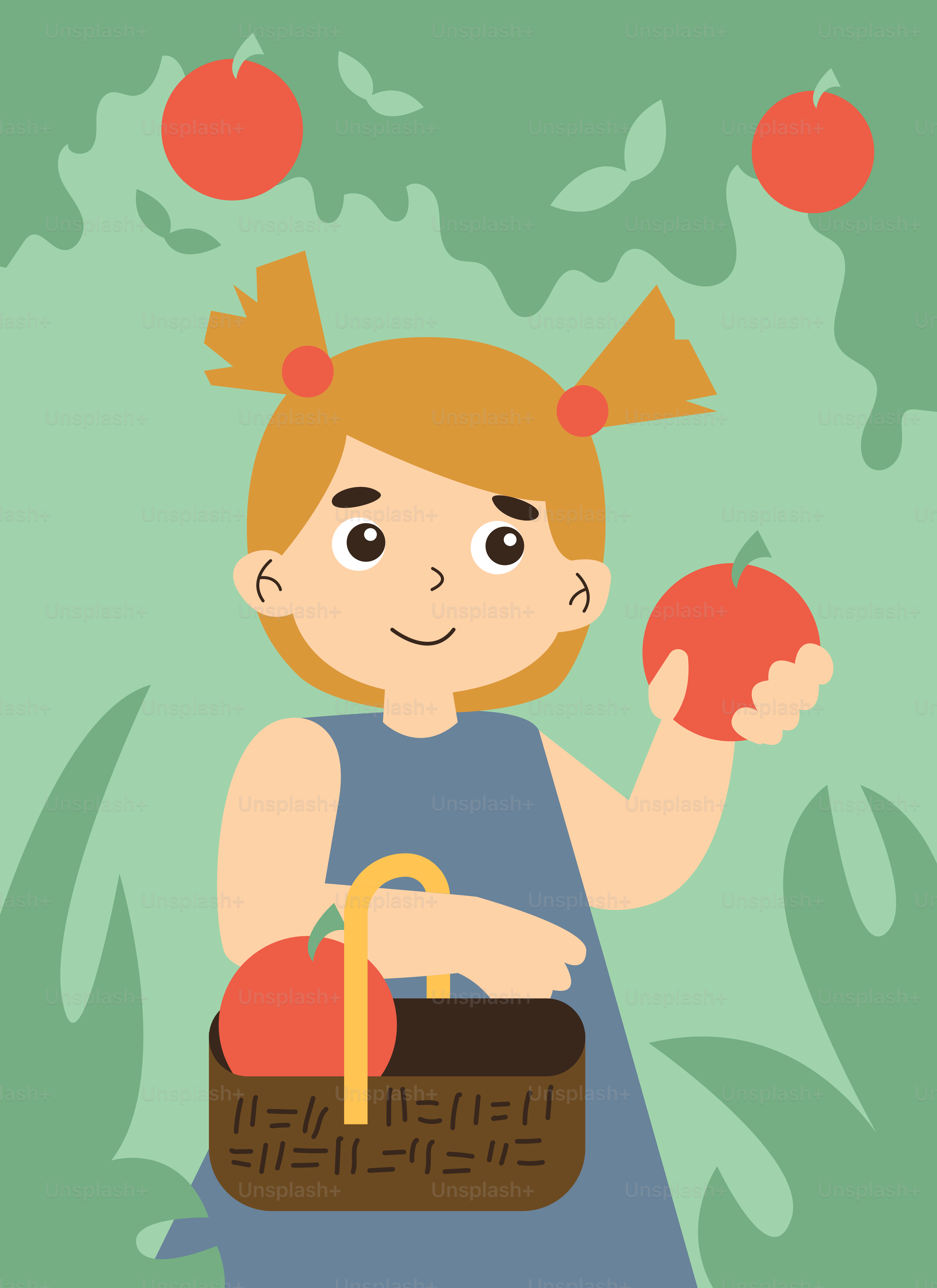 A little girl holding an apple and a basket