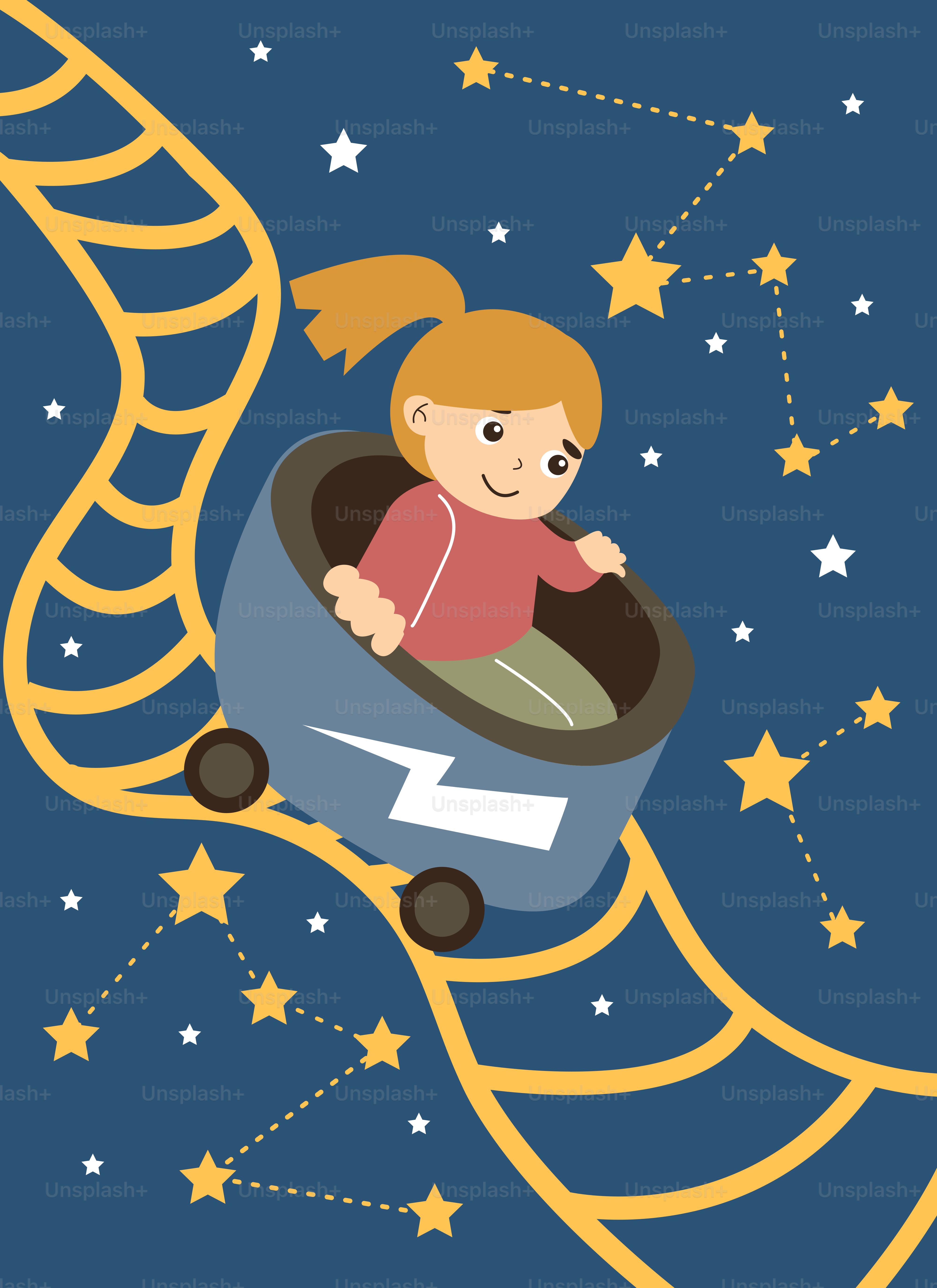 A little girl riding on a roller coaster