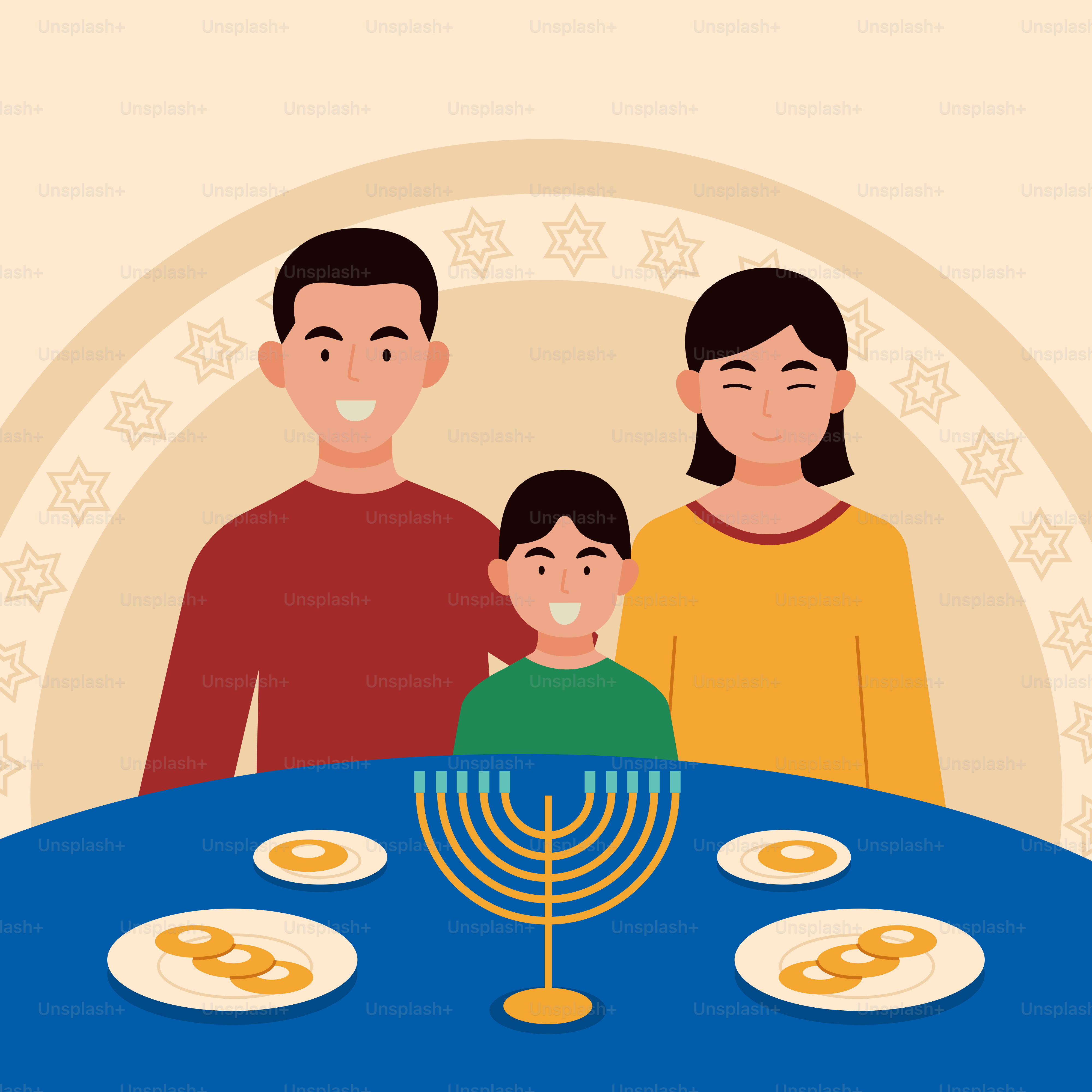 A family sitting at a table with a menorah in front of them