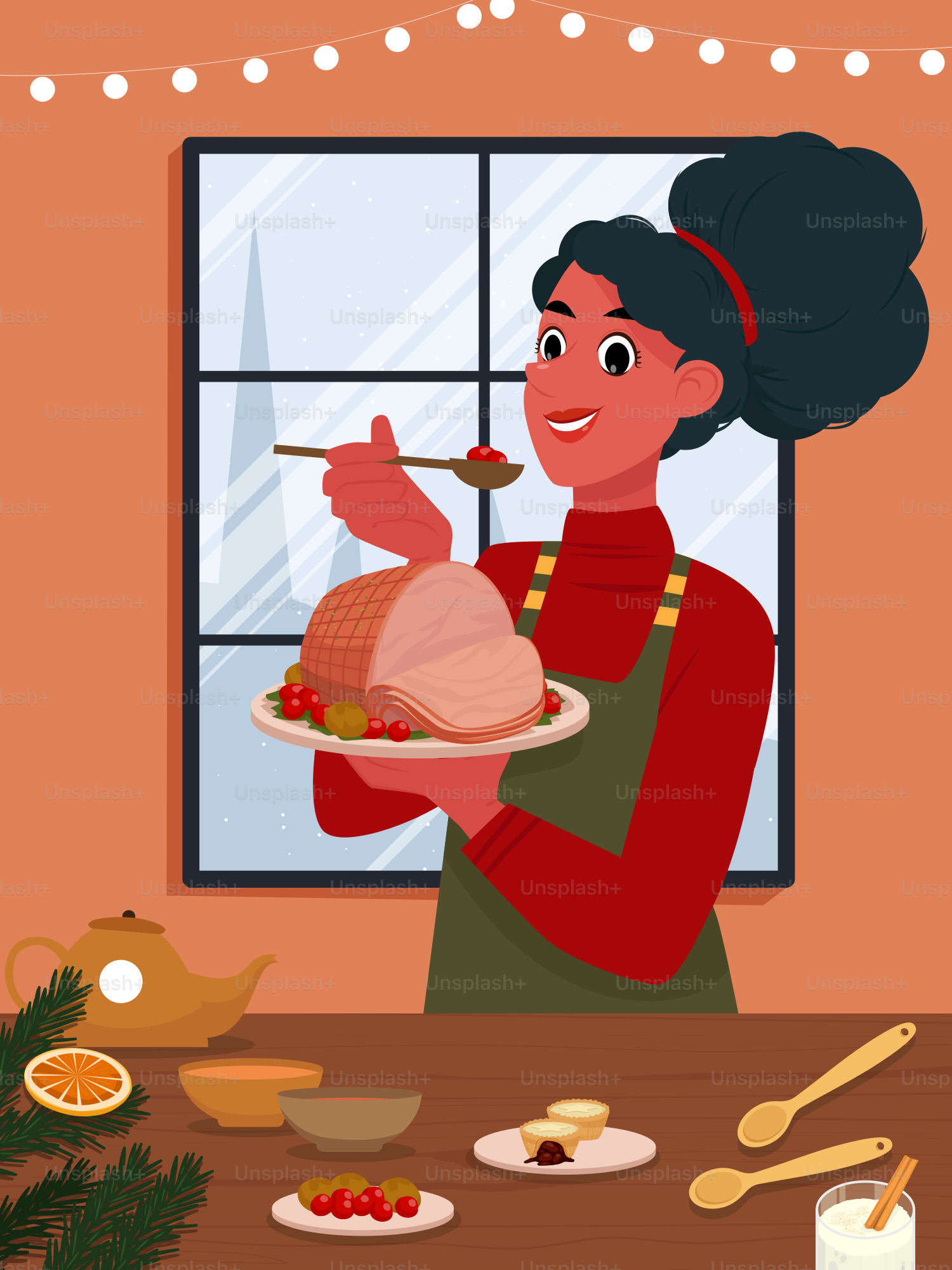 A woman holding a turkey on a platter