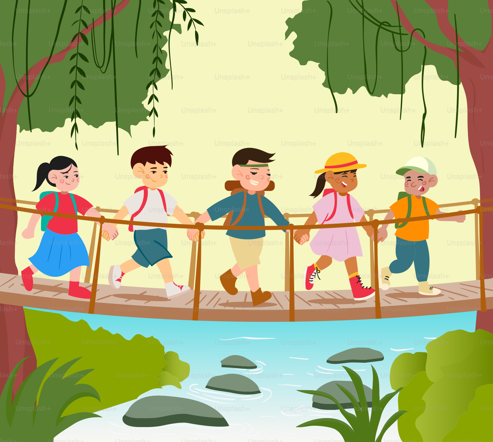 A group of children crossing a bridge over a river