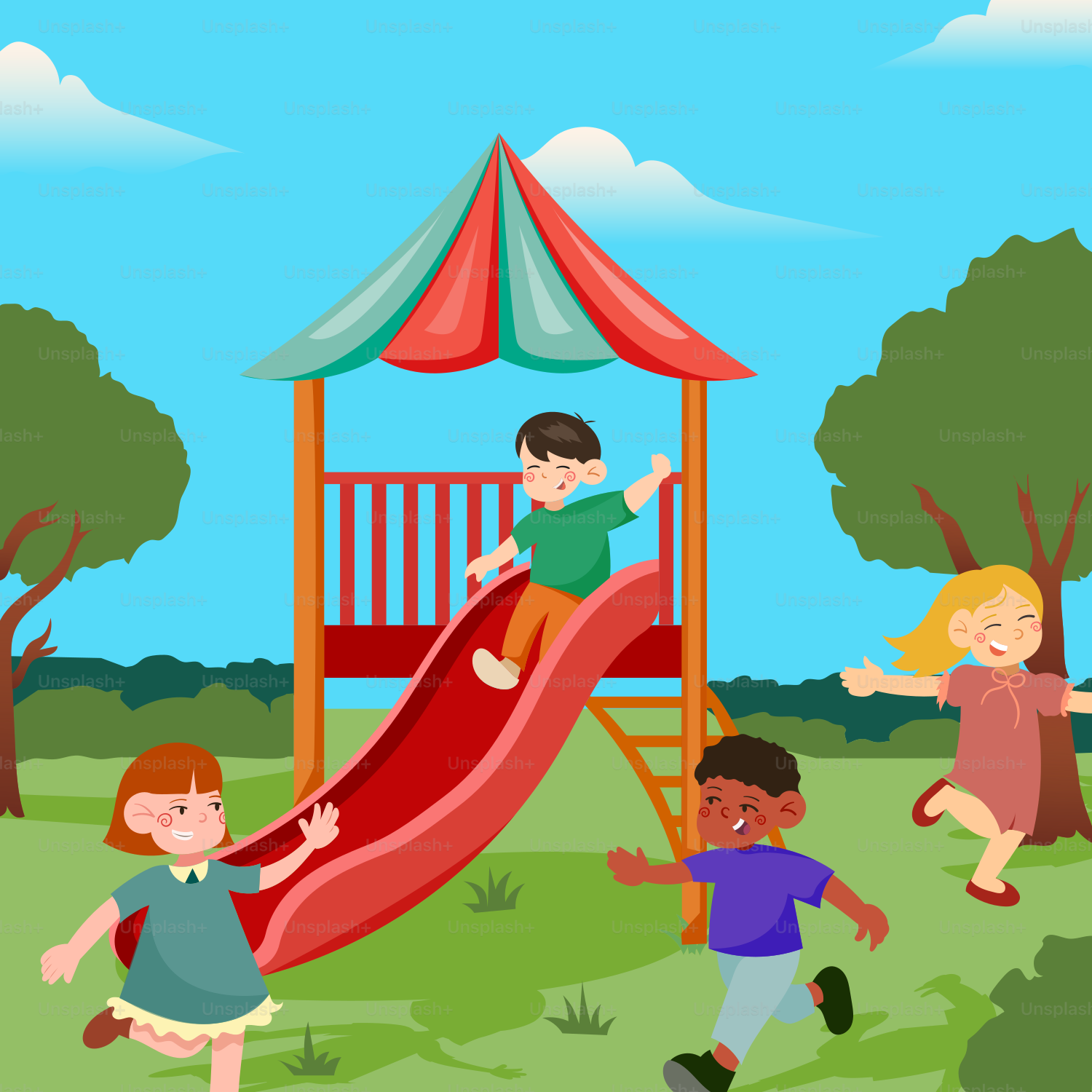 A group of children playing in a park