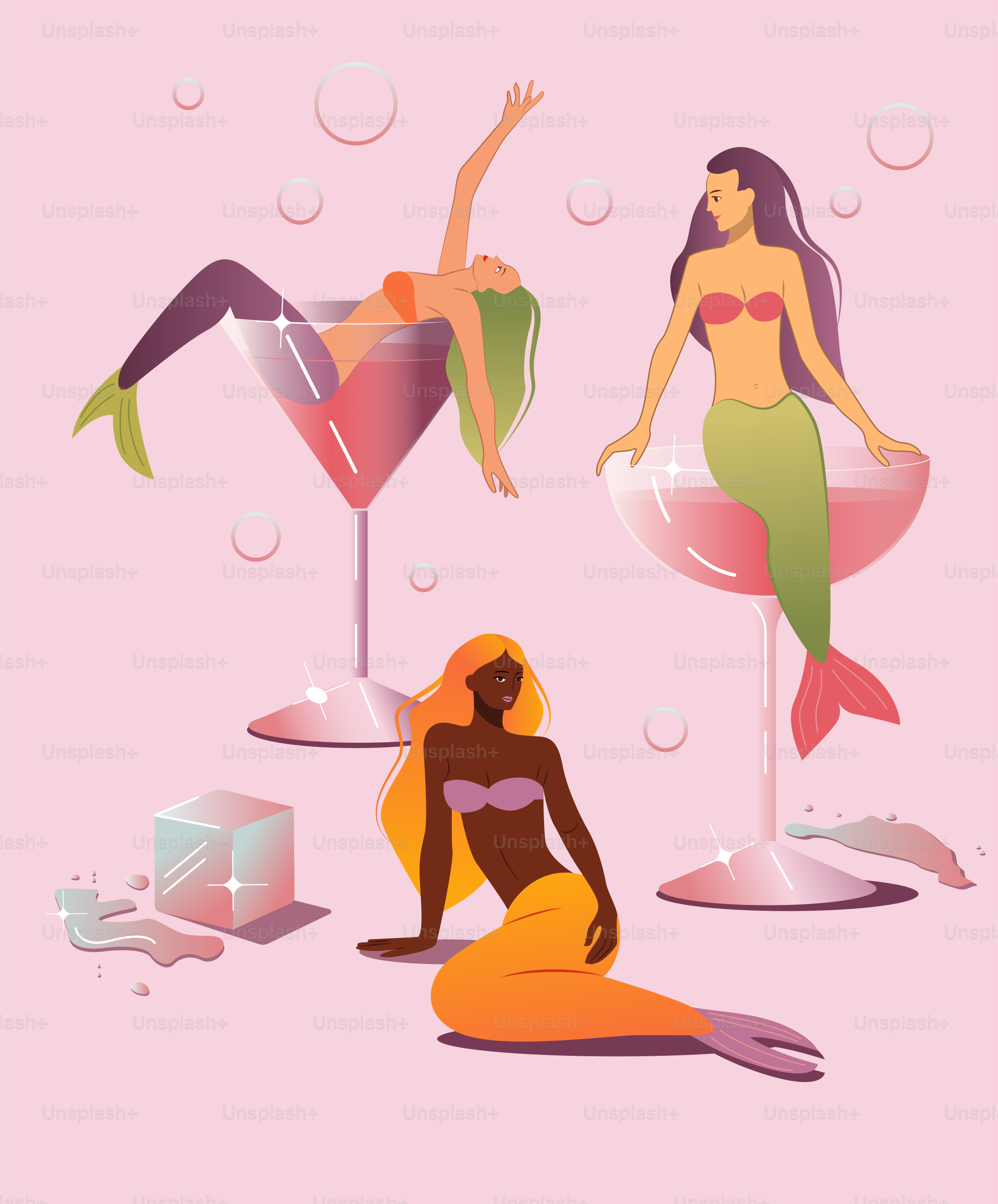 A woman sitting on the ground next to three cocktails