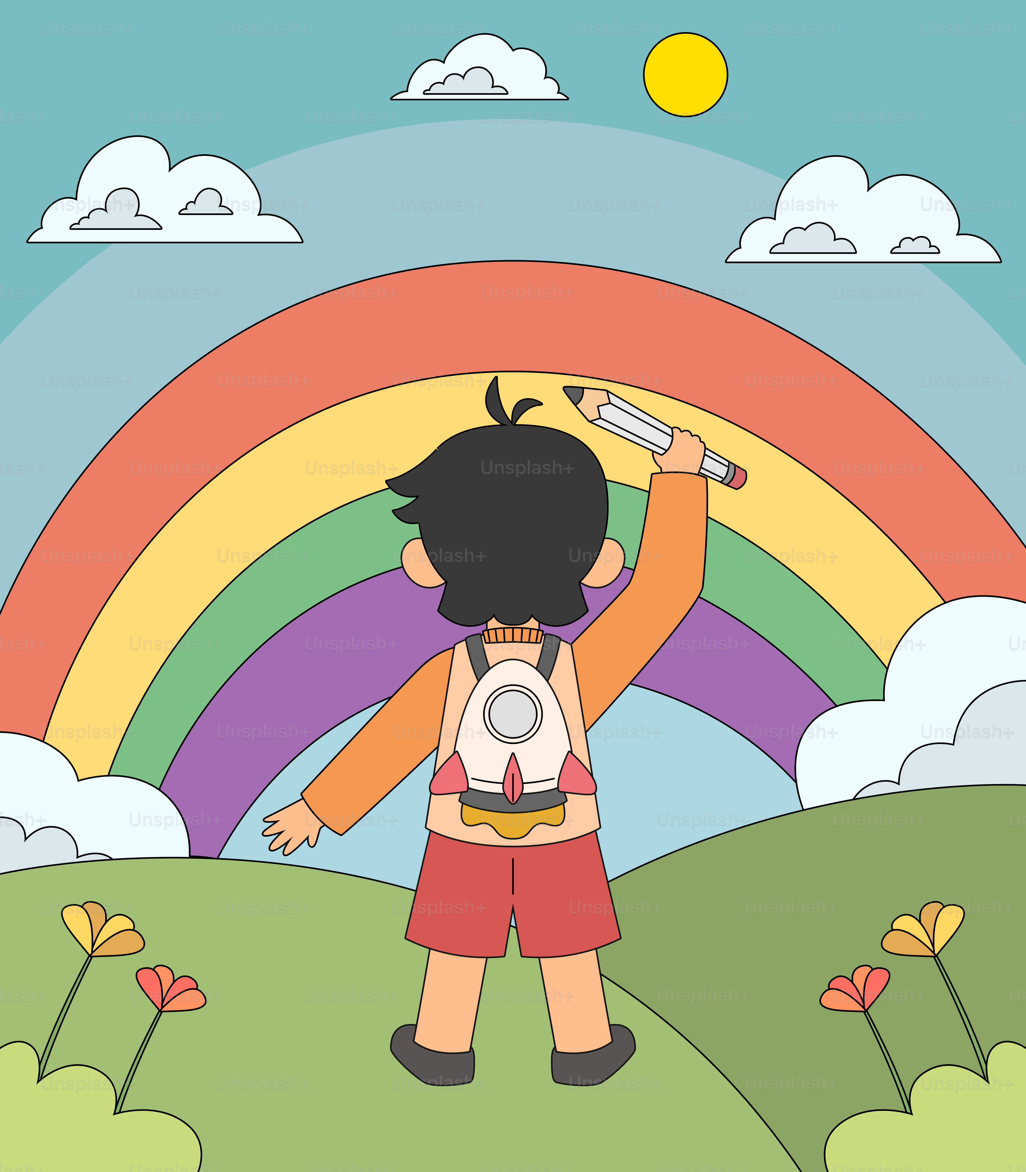 A person standing in a field with a rainbow in the background