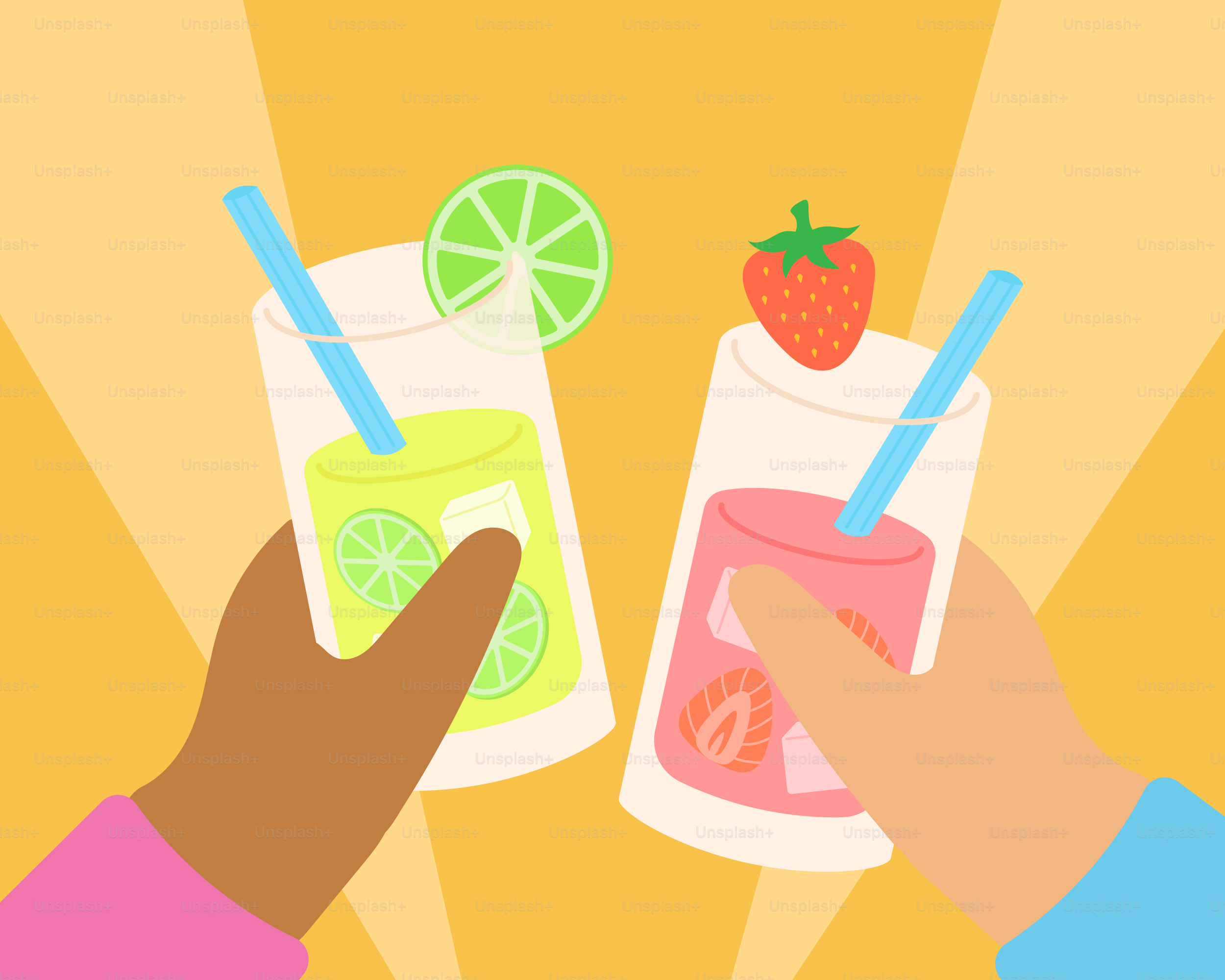 A hand holding a glass of juice and a strawberry lemonade