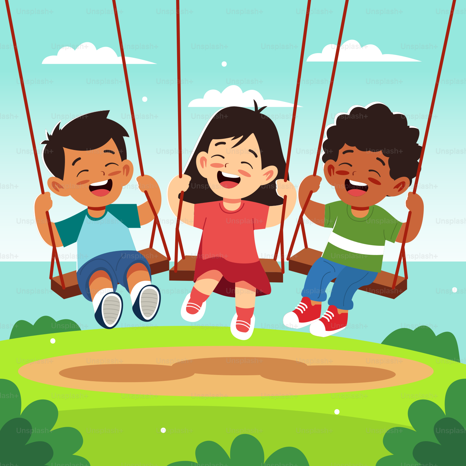 A group of kids sitting on swings in a park