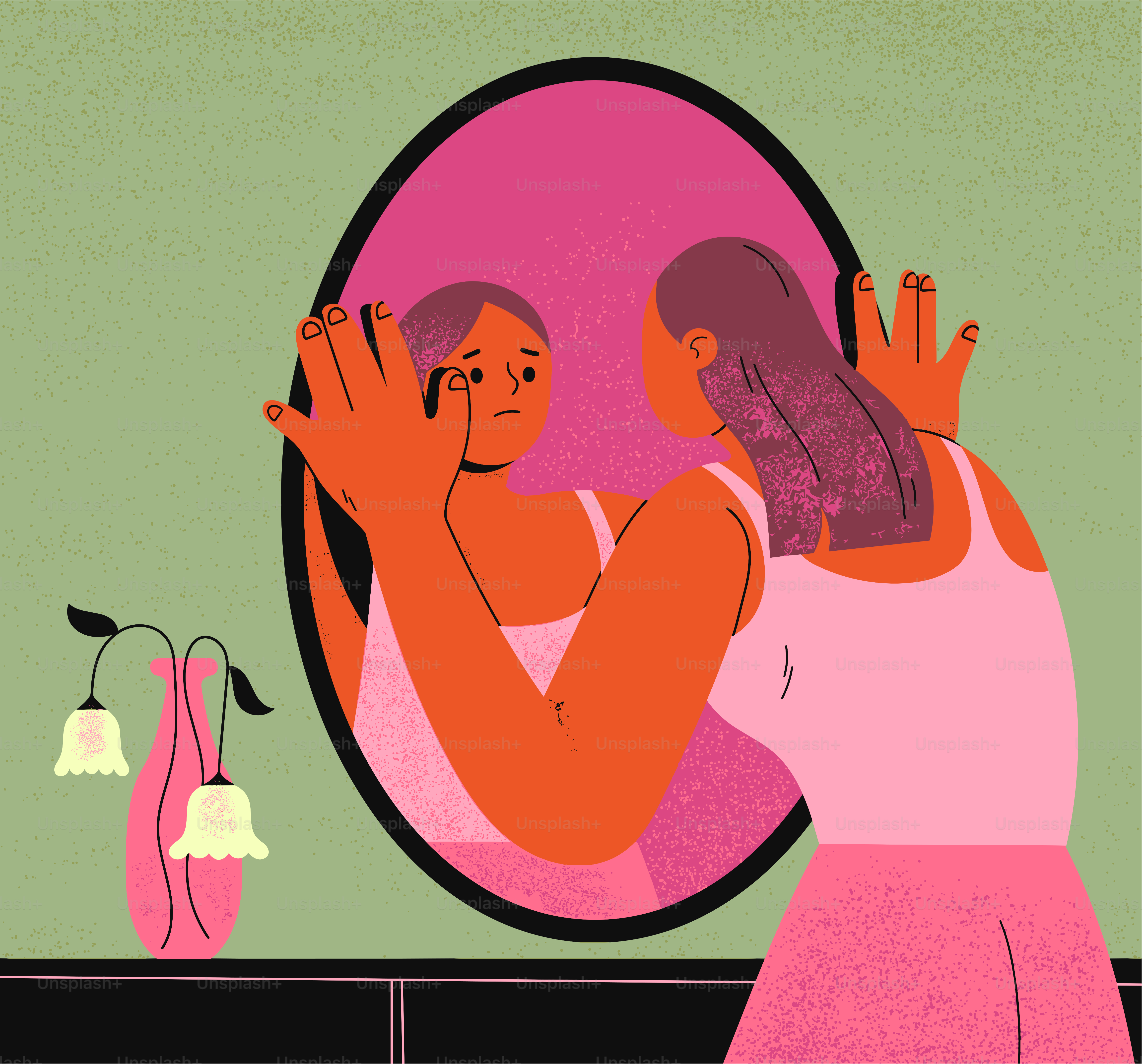 Eine Frau in einem rosa Kleid, die sich in einem Spiegel betrachtet