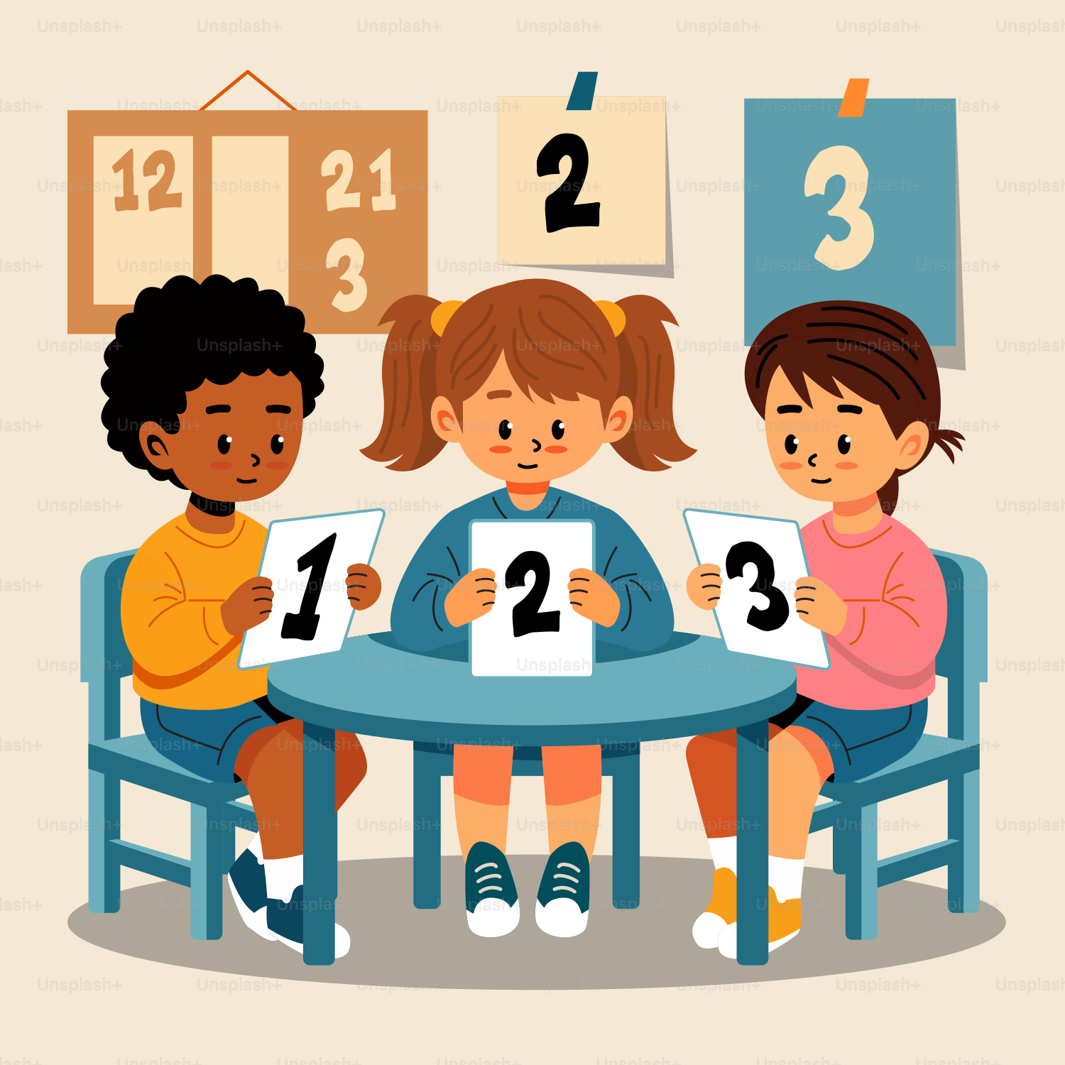 A group of children sitting around a table with numbers on it
