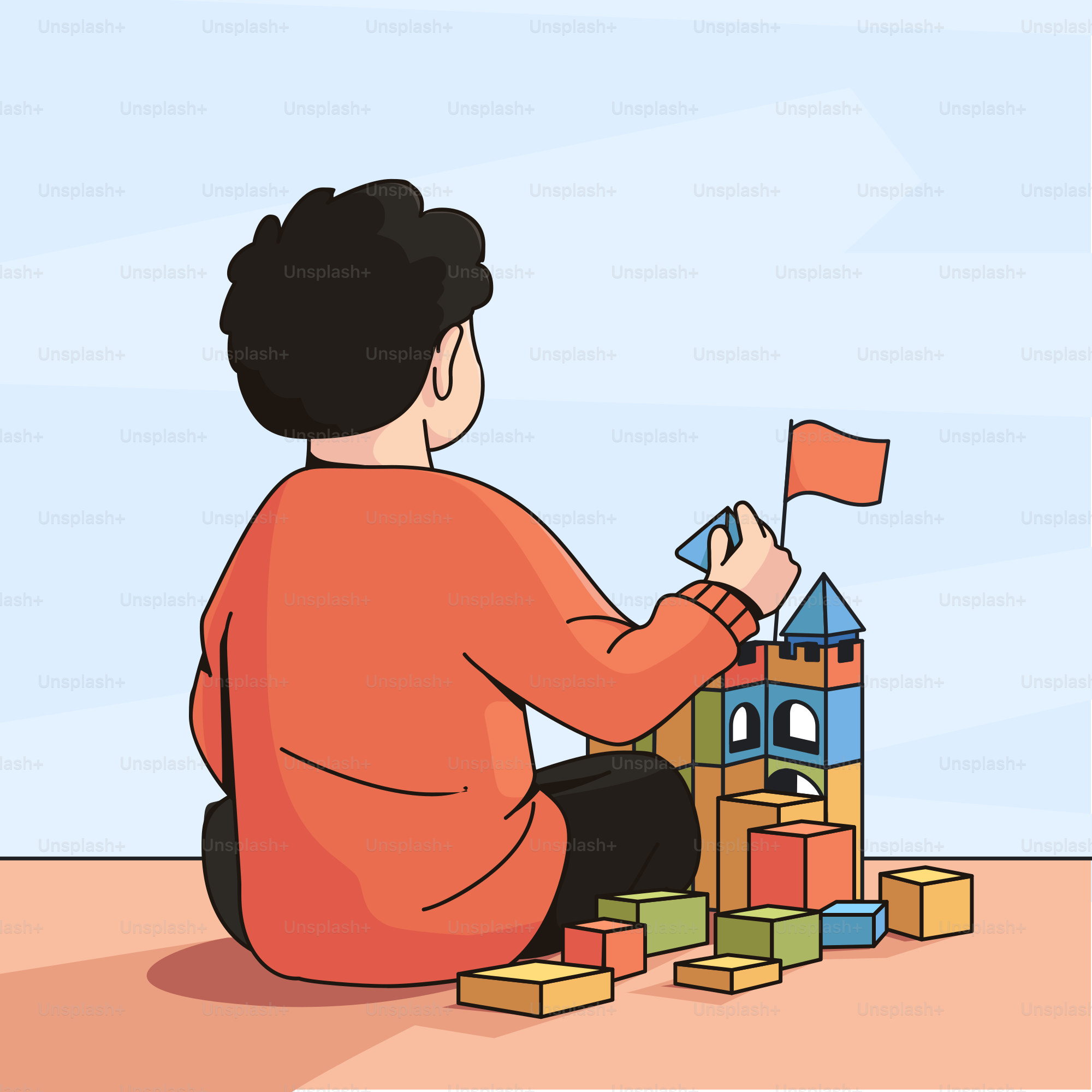 A person sitting on the ground playing with blocks