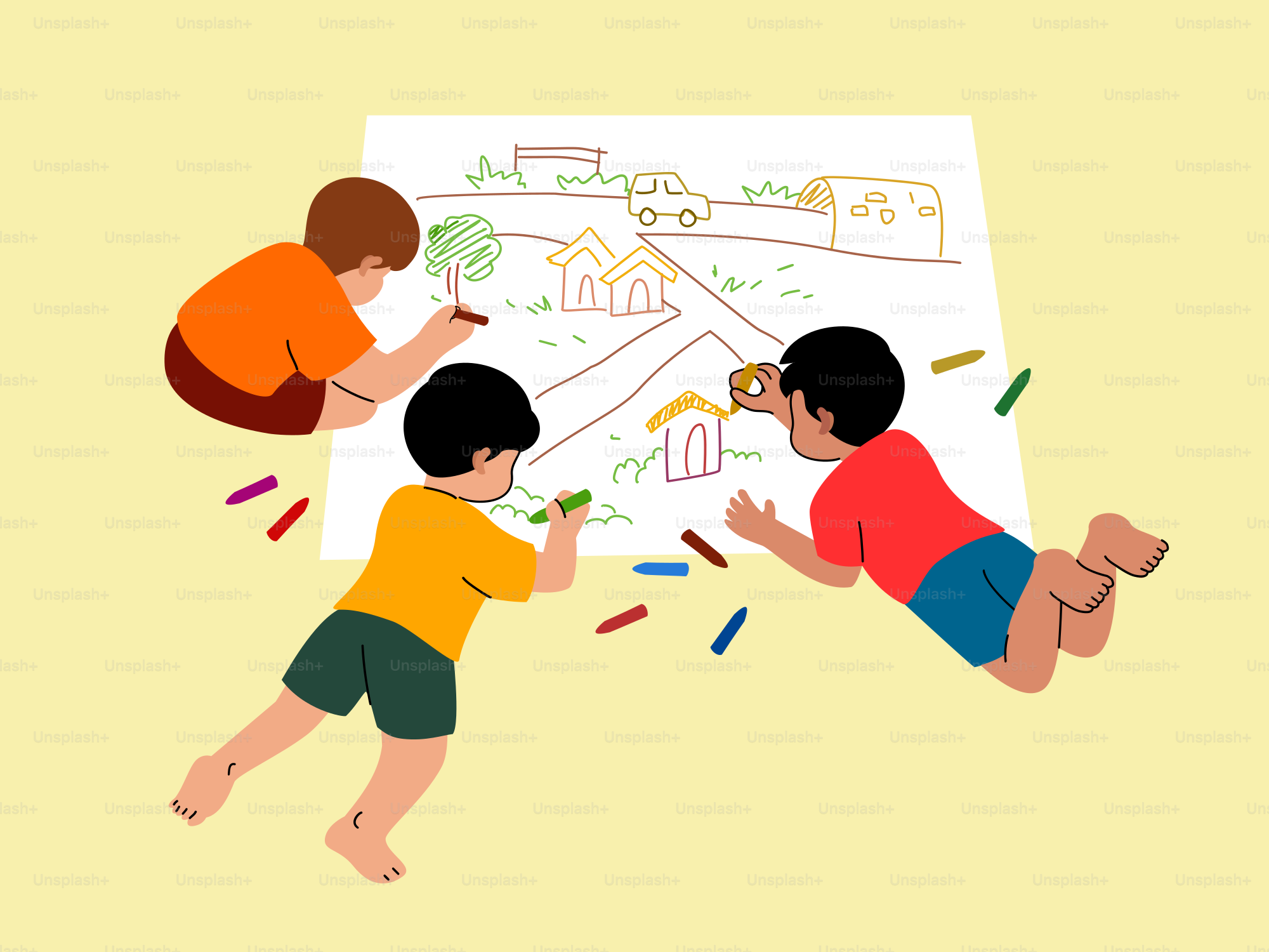 A couple of kids are playing with a drawing