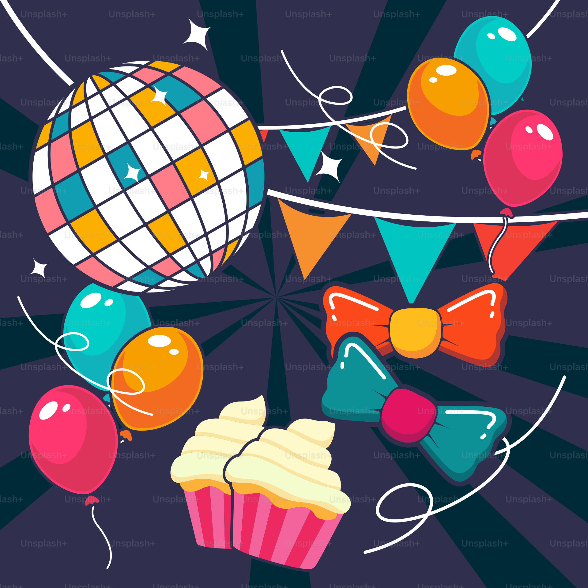 A birthday card with balloons, cupcakes, and a disco ball
