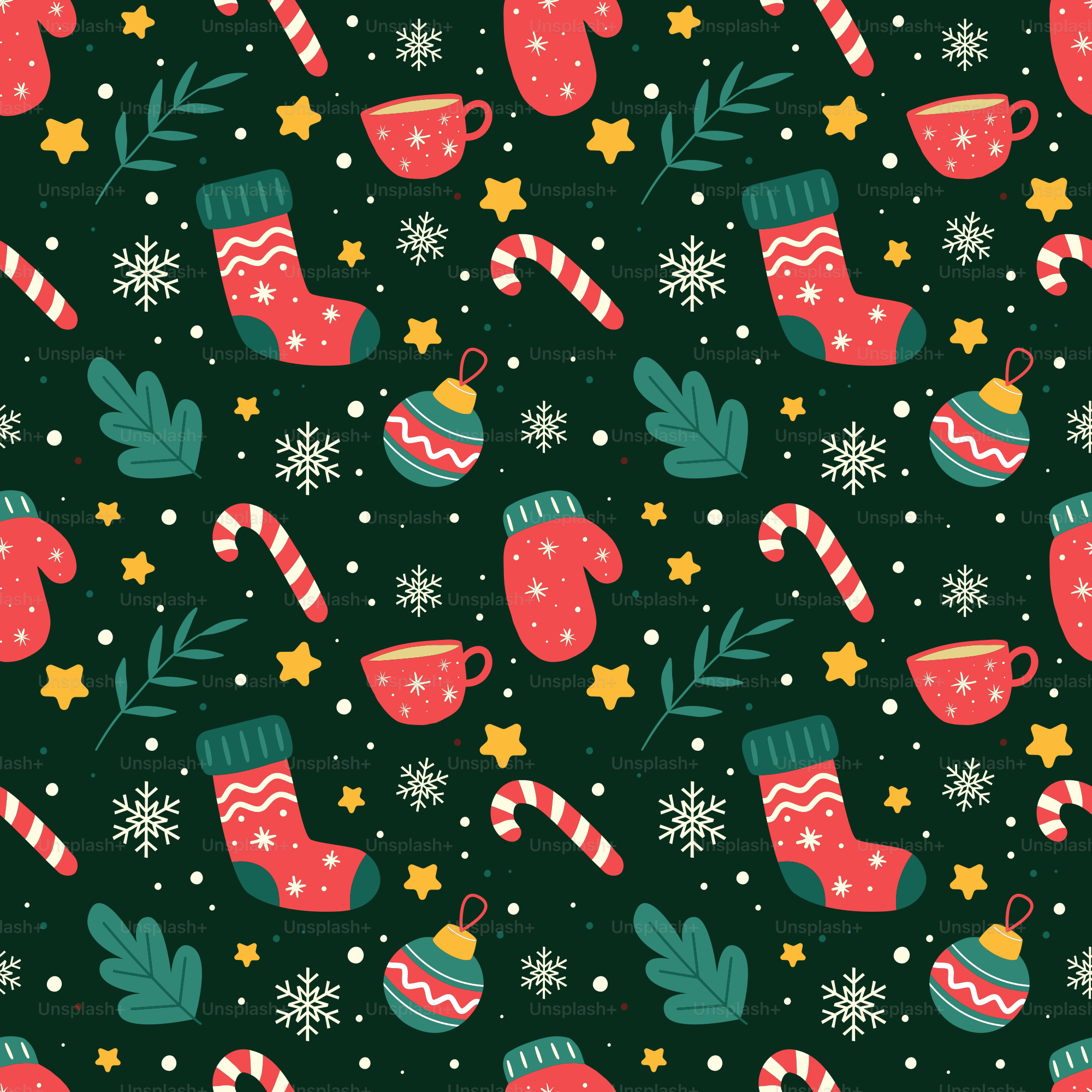 A green background with christmas items and candy canes