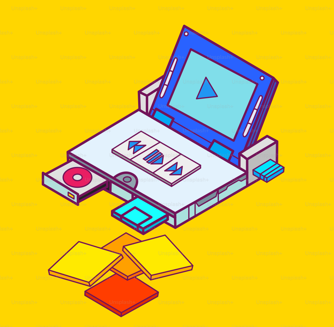 Una computadora con un botón de reproducción encima