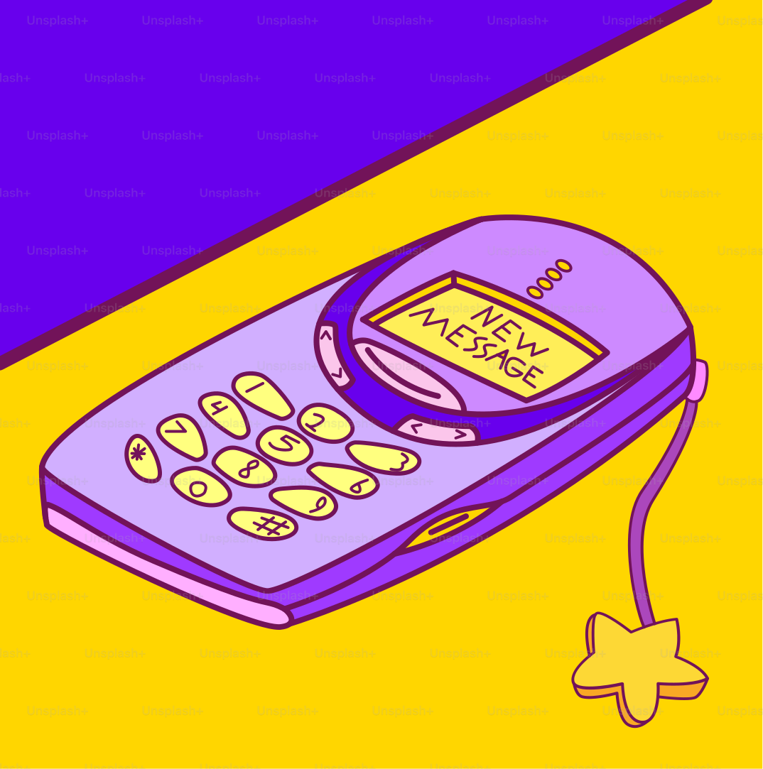 Um celular roxo em cima de uma mesa amarela