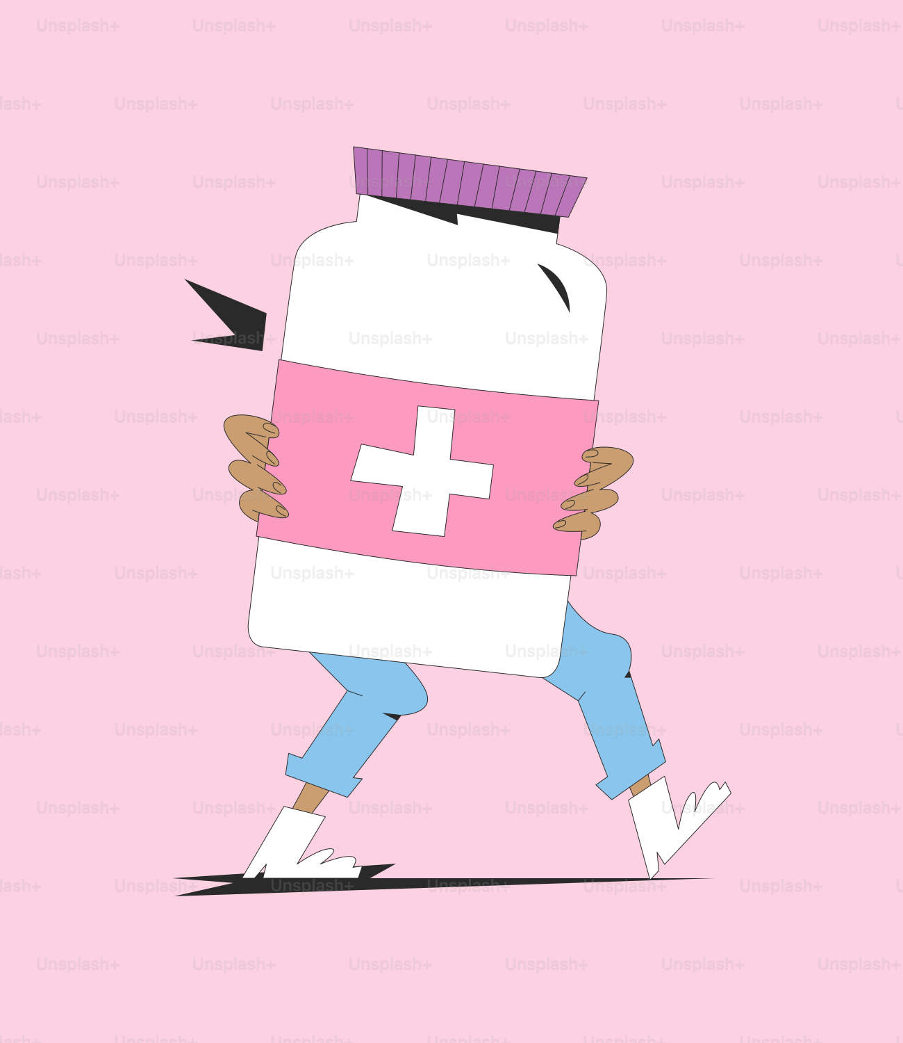 Un personaje de dibujos animados que lleva un gran contenedor con una cruz