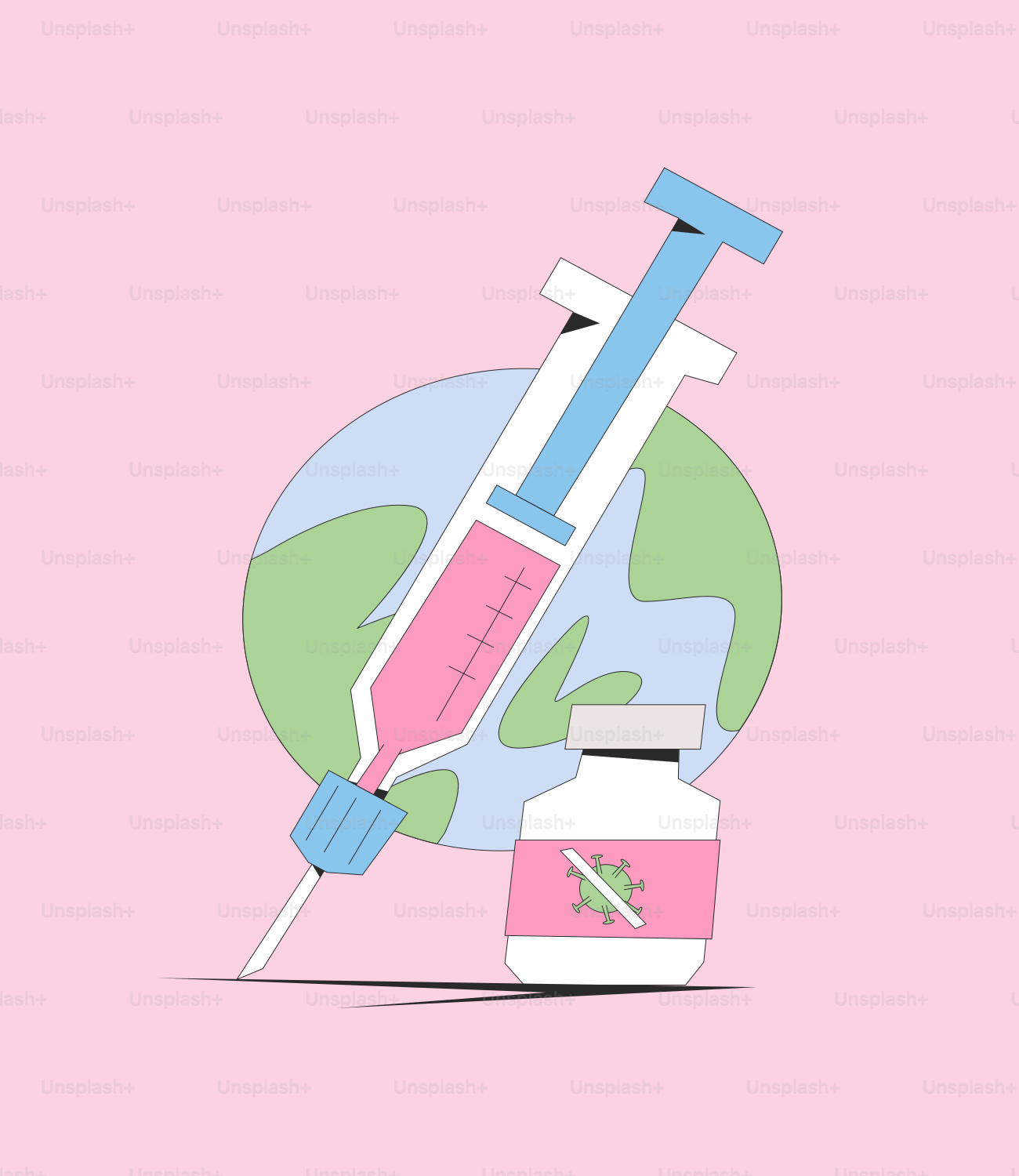 A pink background with an illustration of a syring and a bottle of medicine
