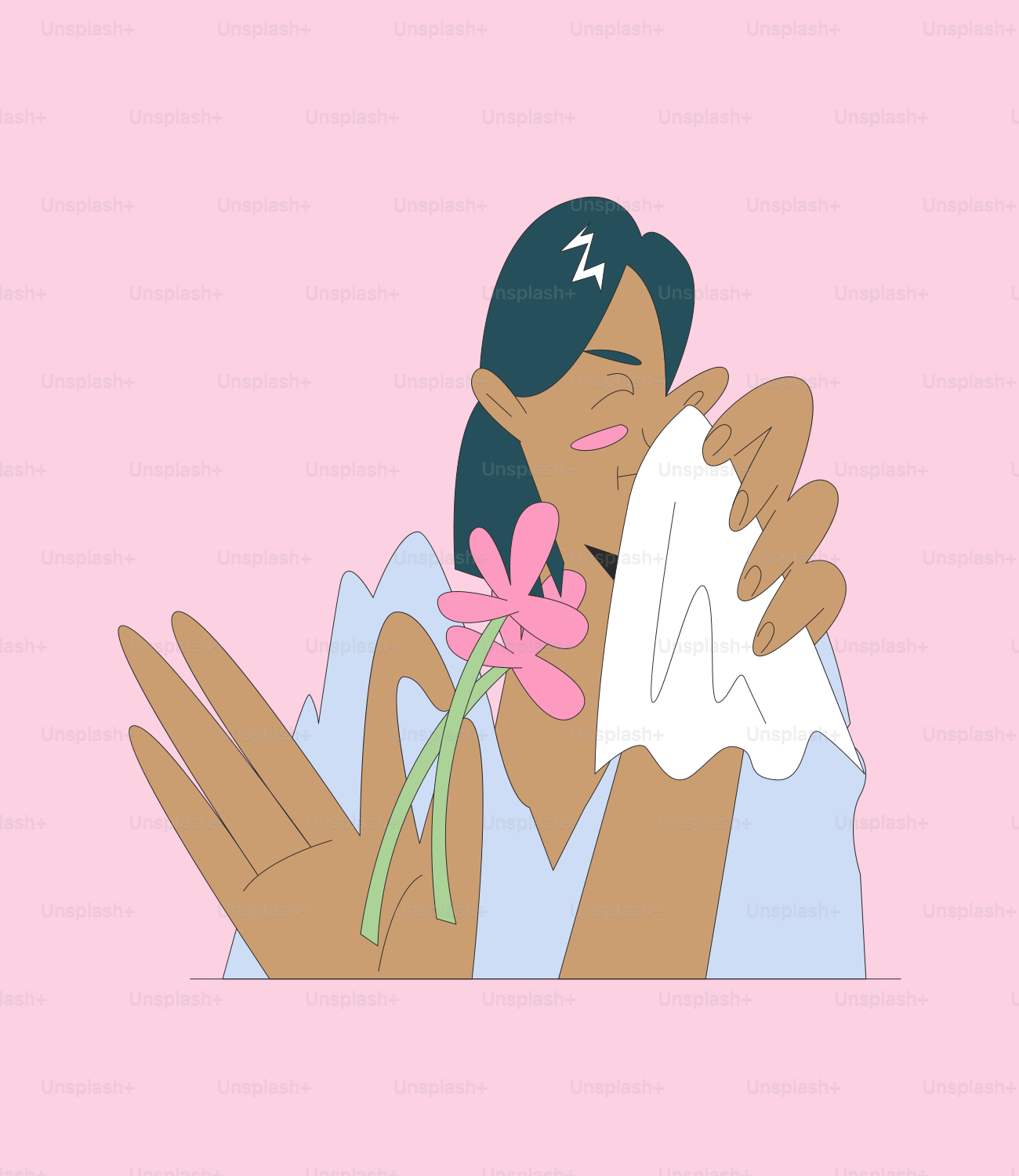 A woman blowing her nose while holding a tissue