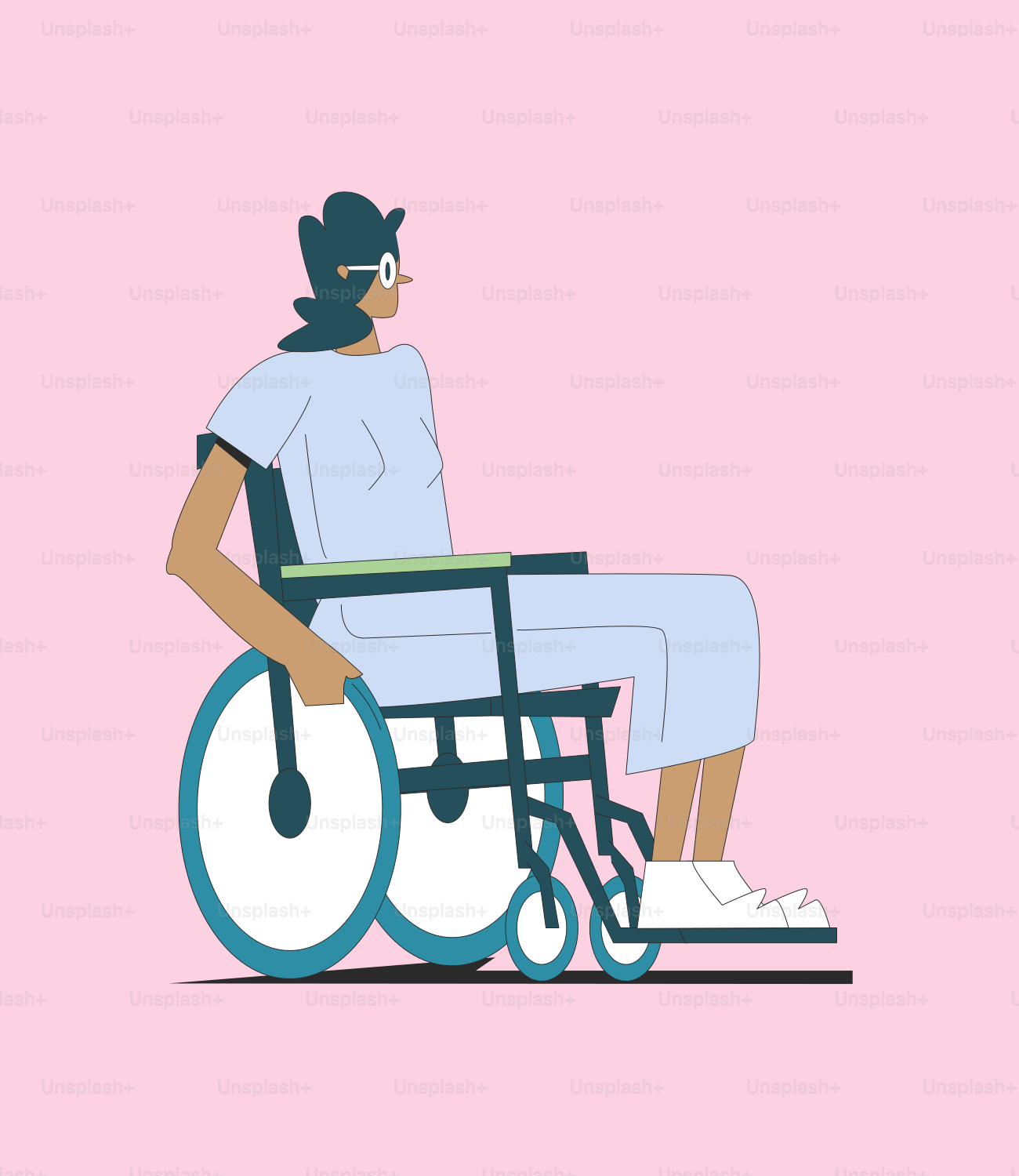A woman in a wheel chair on a pink background