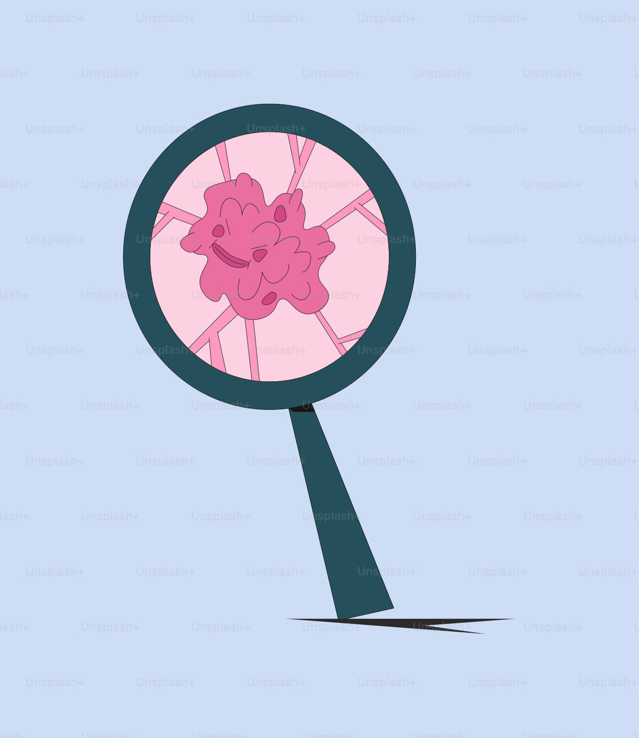 A pink teddy bear in a blue magnifying glass