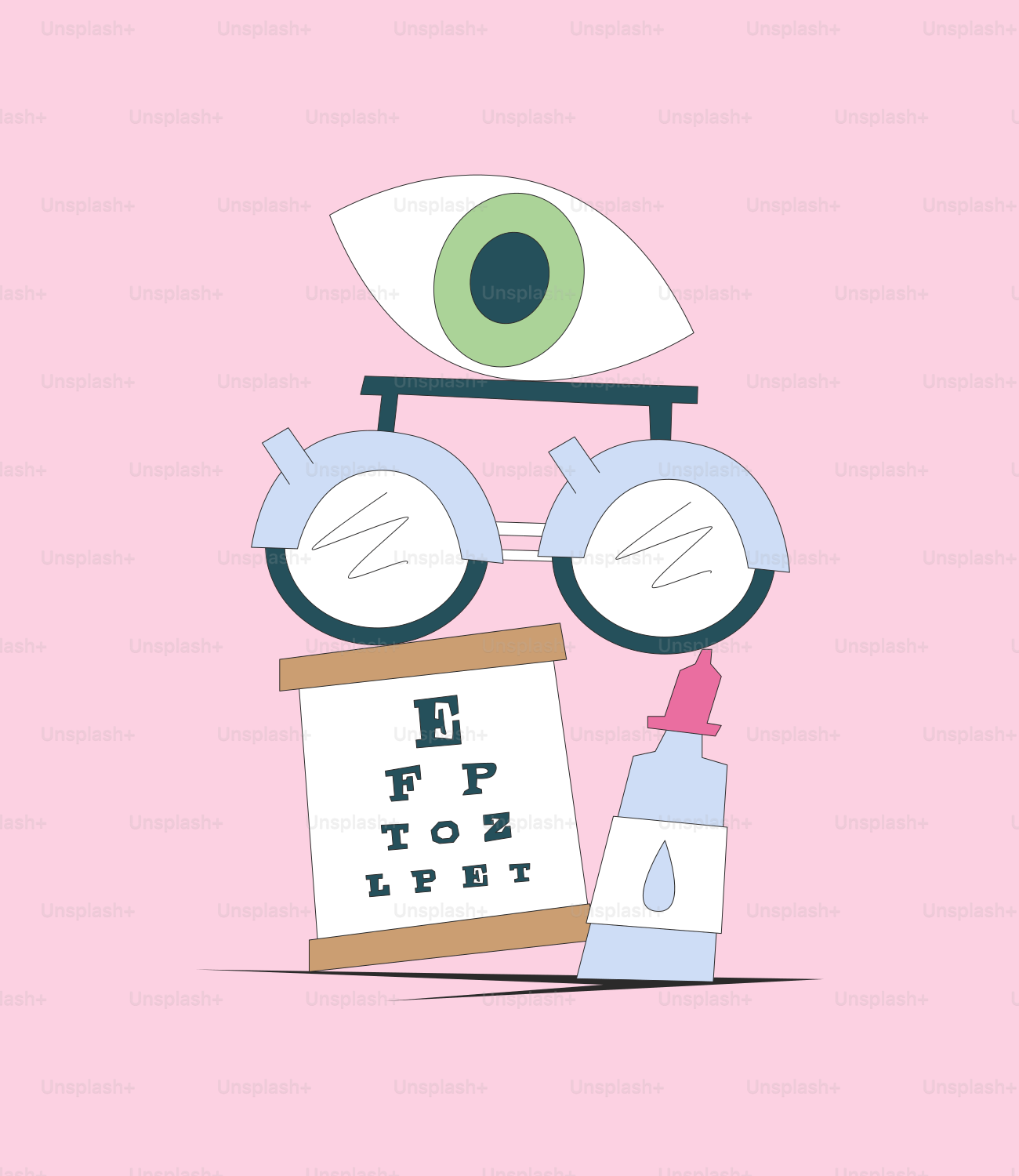A pink background with an eye chart and a pair of glasses