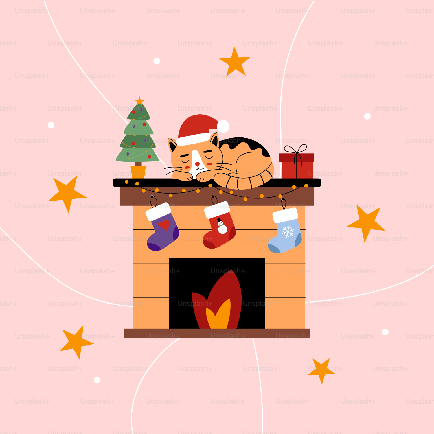 A couple of cats sitting on top of a fireplace