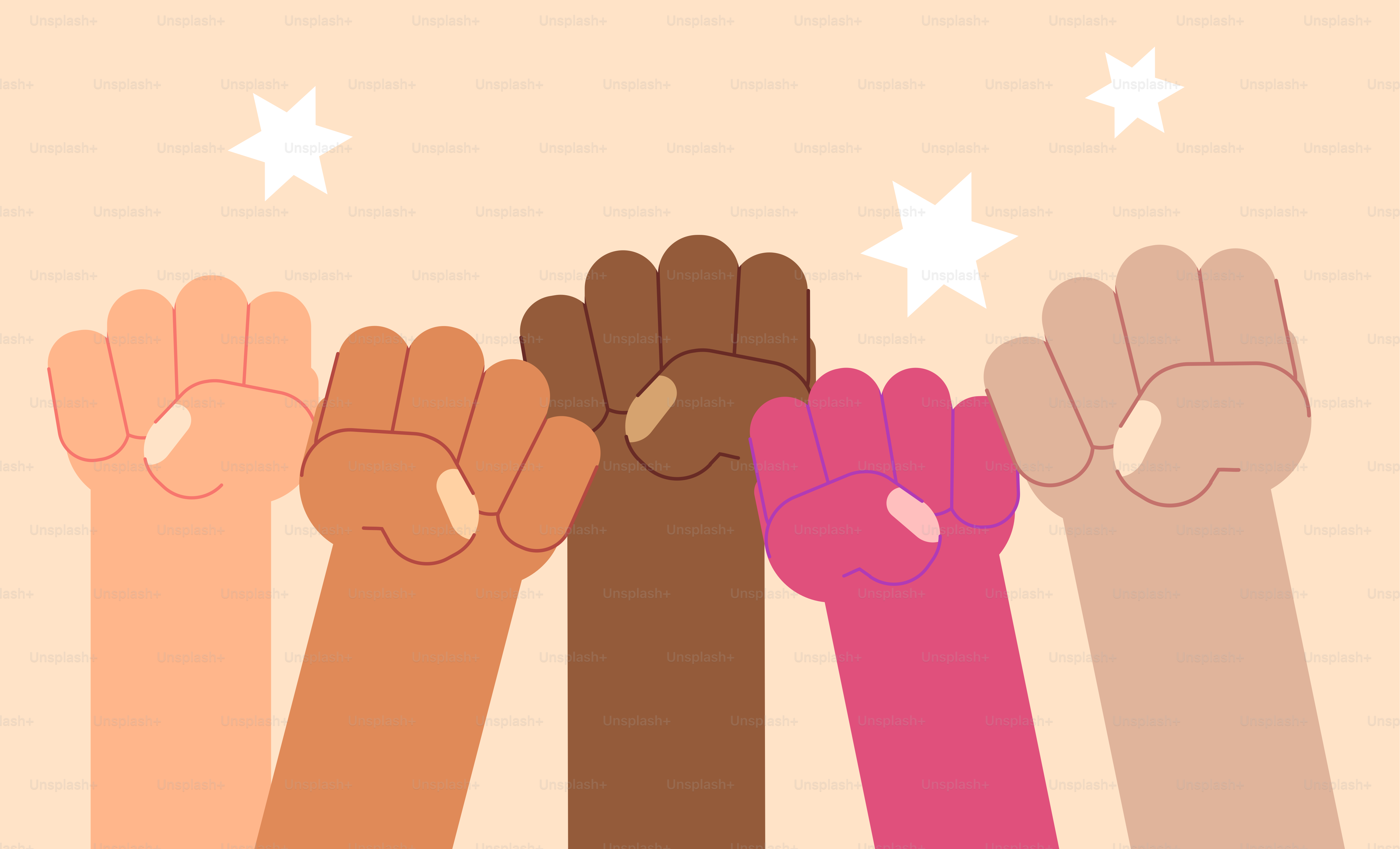 A bunch of different colored hands with stars on the background