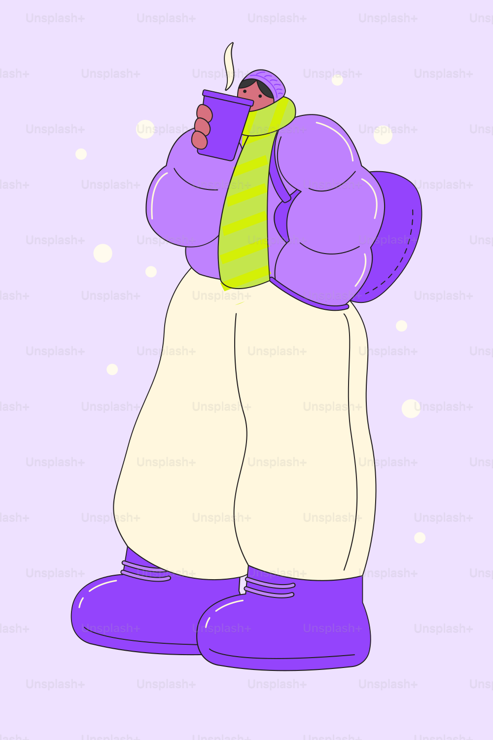 Um desenho animado de uma pessoa usando um casaco roxo e uma gravata amarela