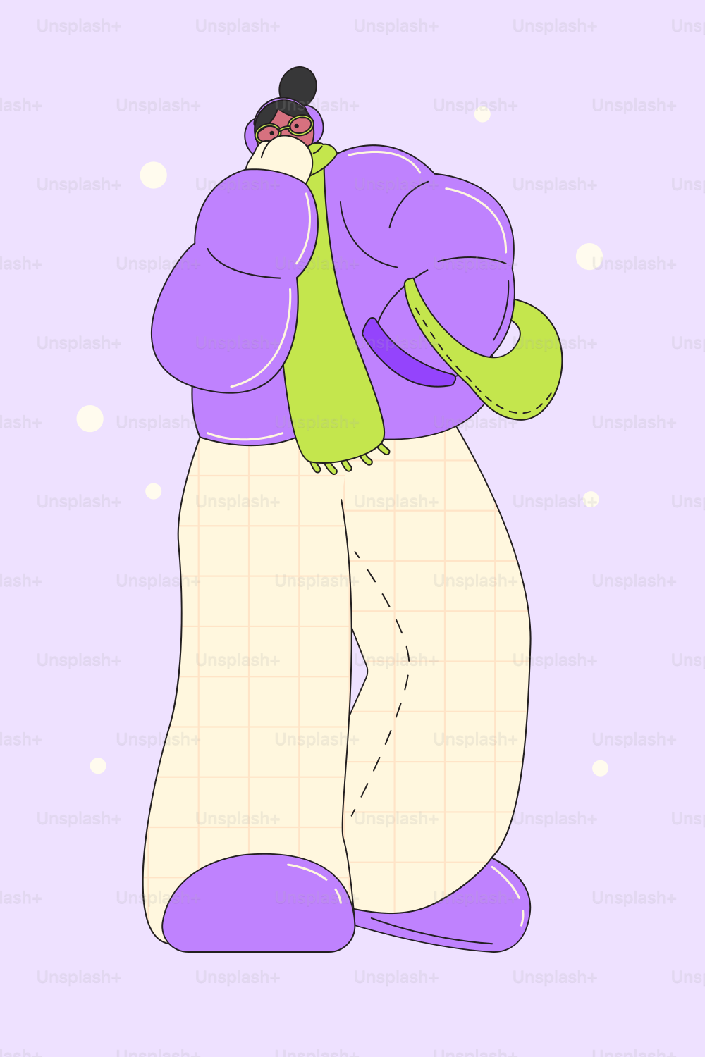 A purple and white bear with a green scarf