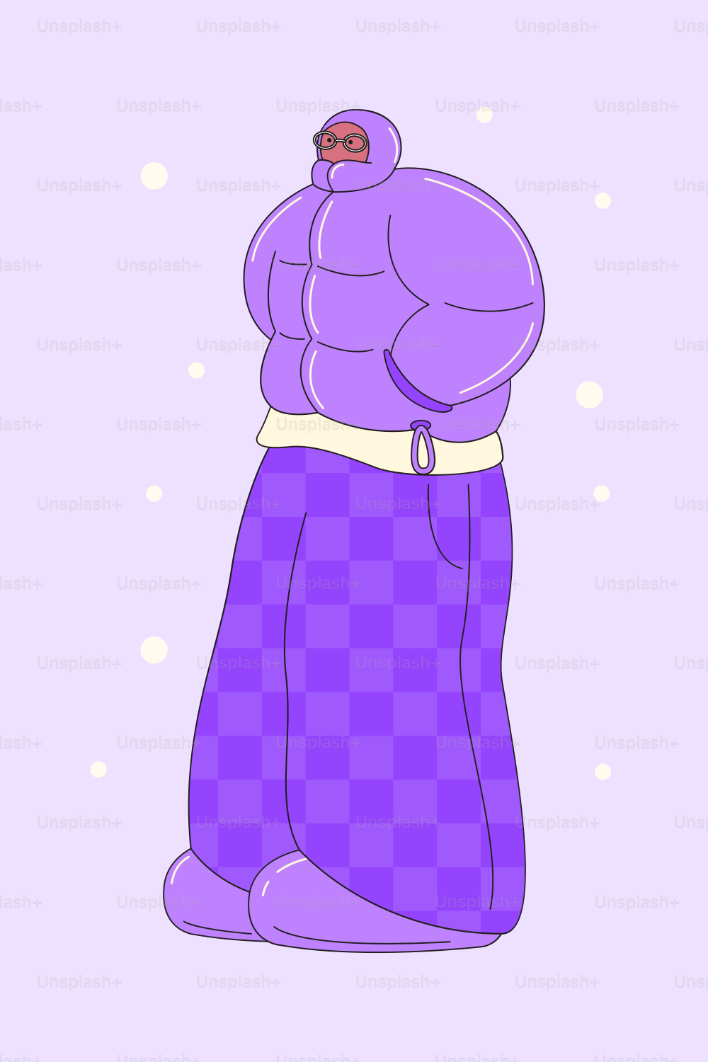 A cartoon of a man in a purple outfit