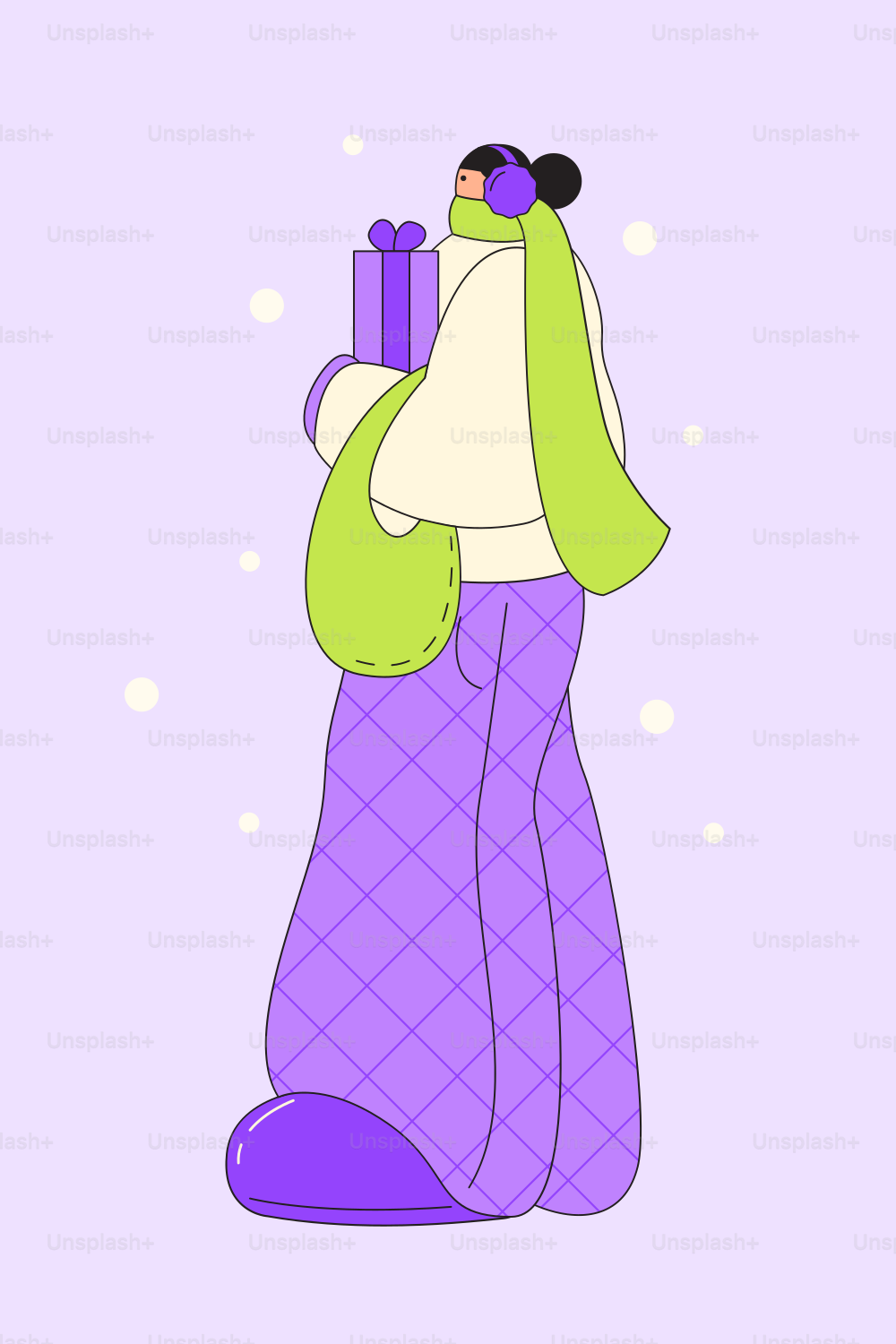 Eine Frau in einem lila Kleid, die ein Geschenk hält