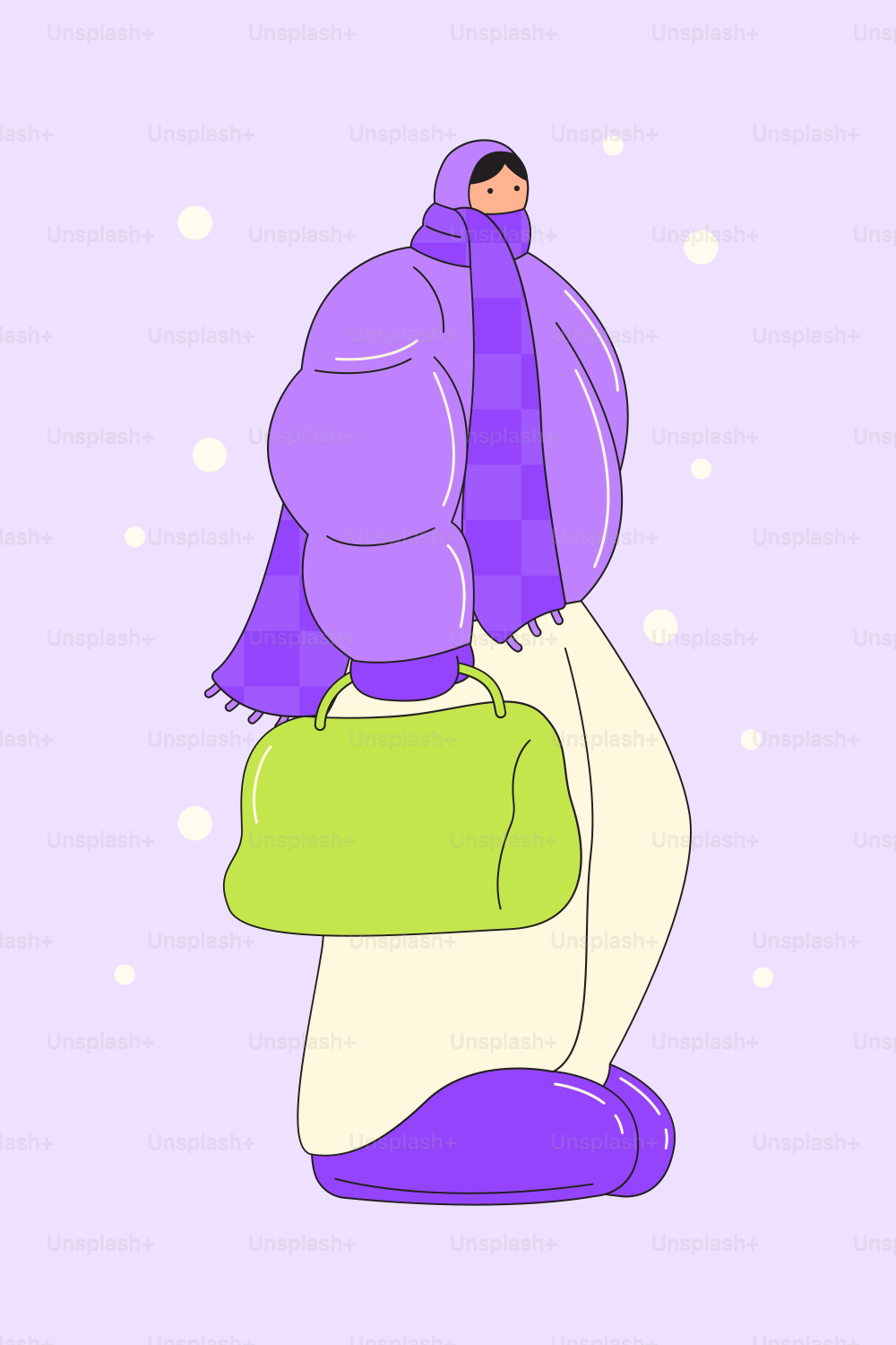 Una persona con una sciarpa viola e una borsa verde