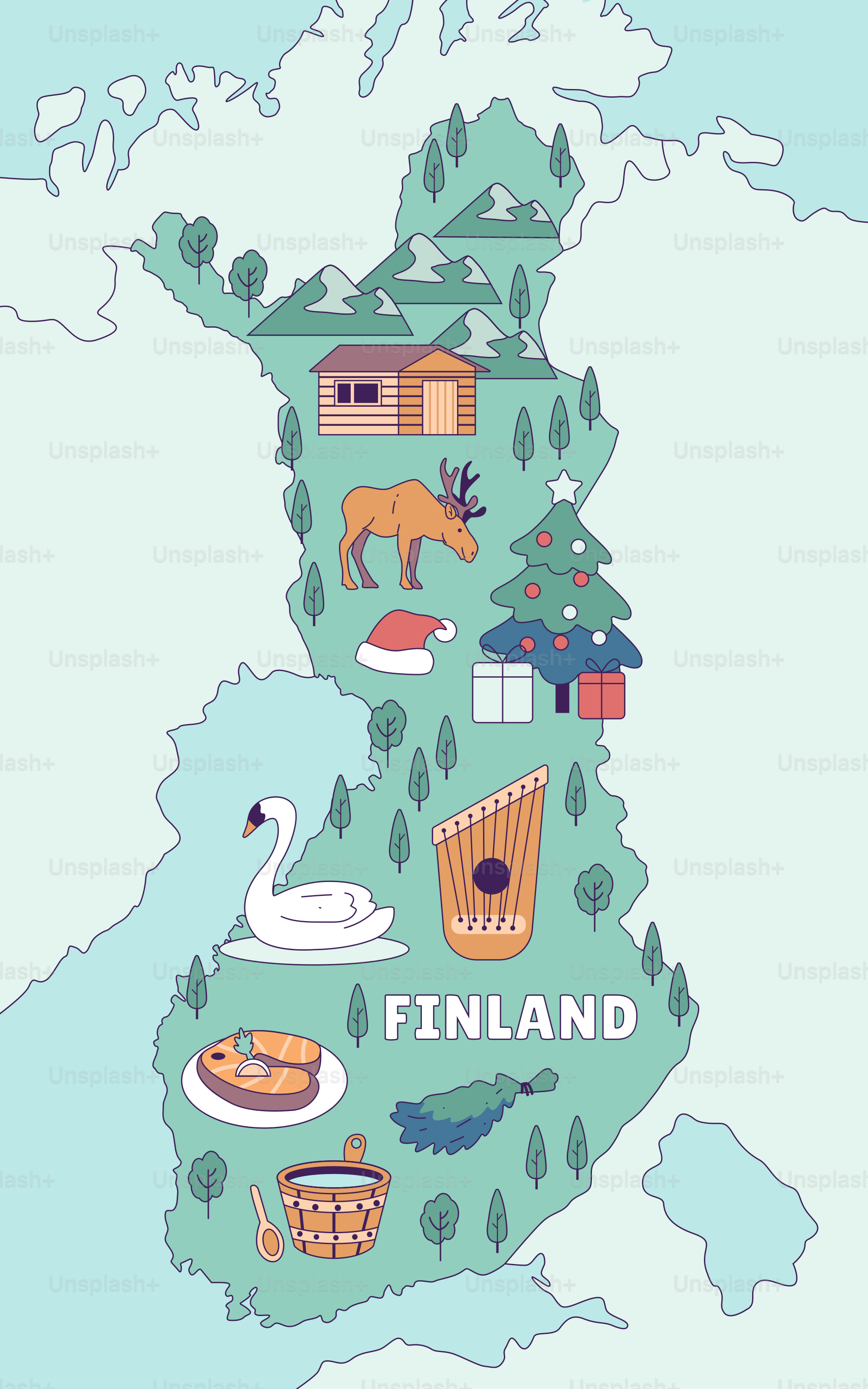A map of finland with a lot of things on it
