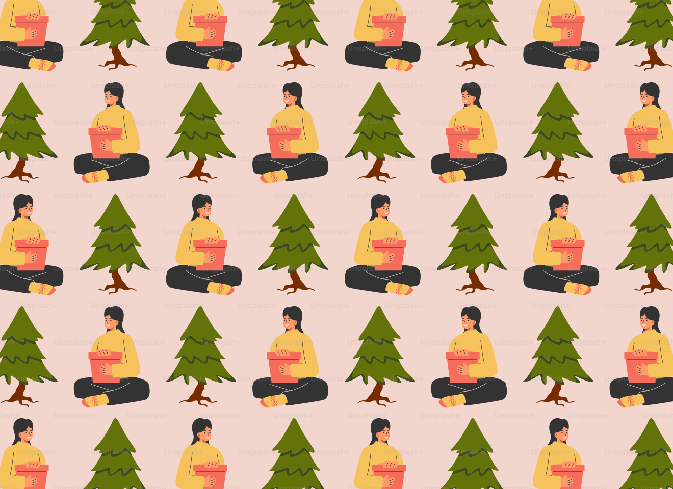Un motivo di una donna seduta davanti a un albero di Natale