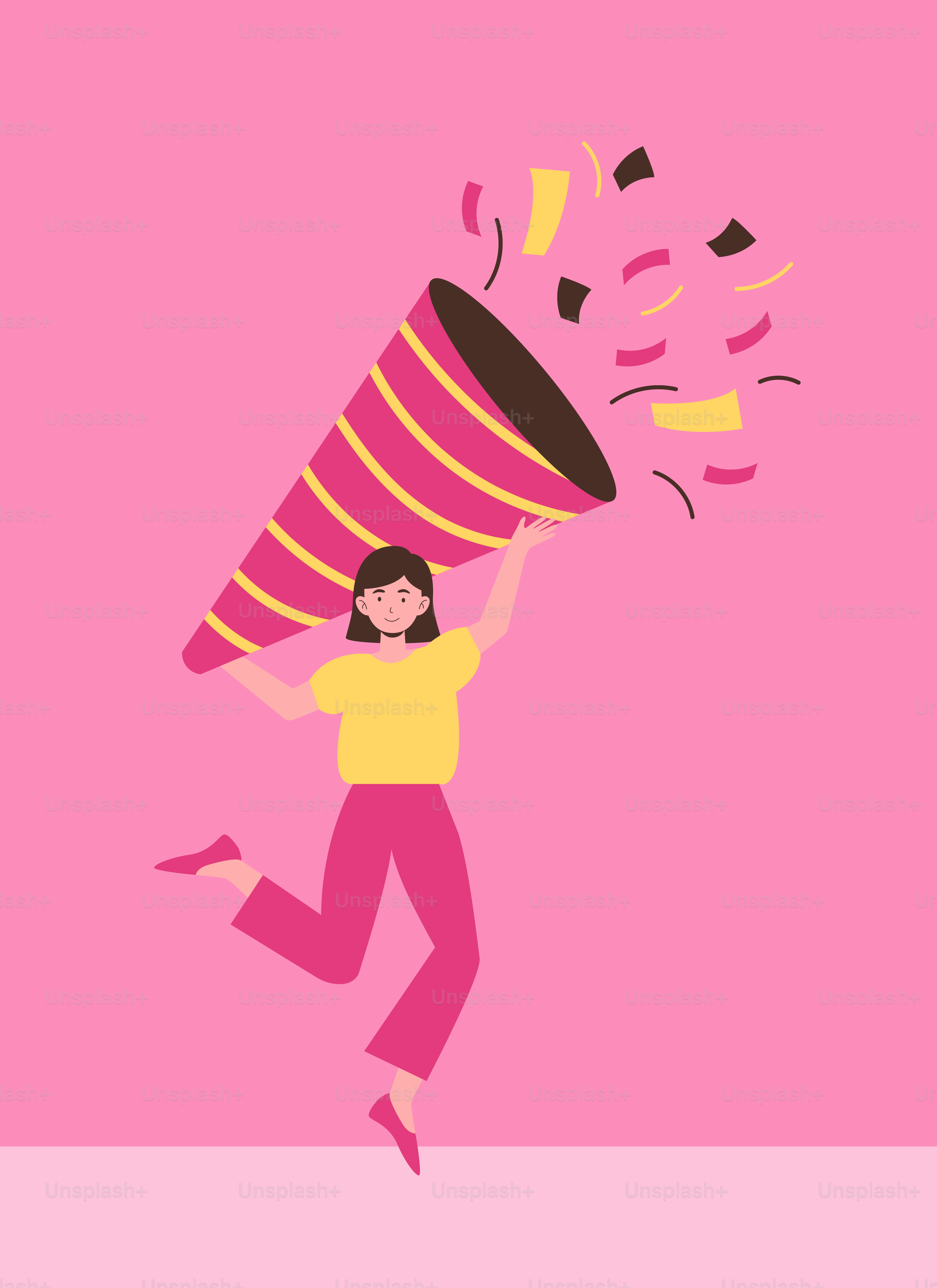 Une femme tenant une grande tasse rose d’où sortent des confettis