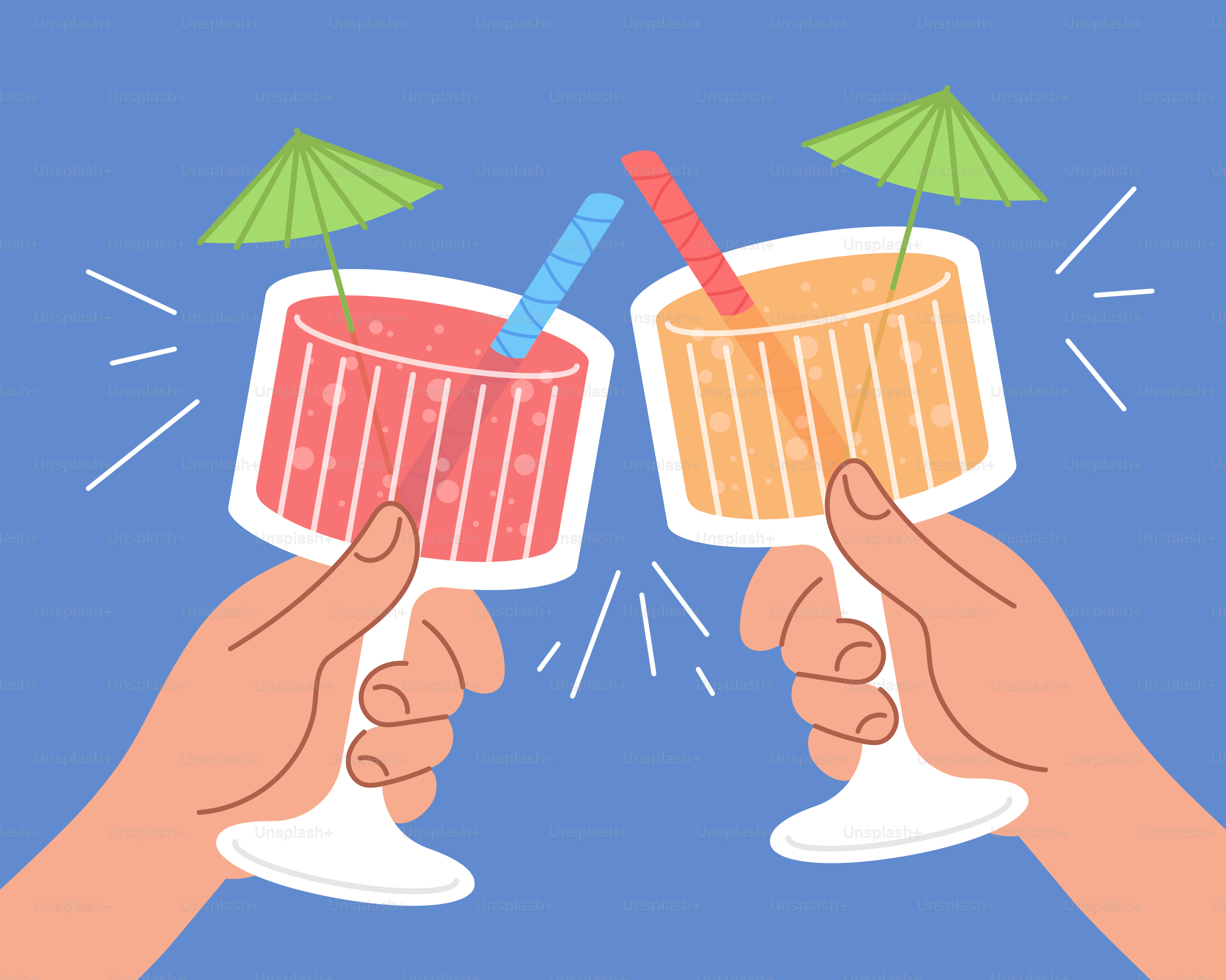 Two hands holding drinks with umbrellas on a blue background