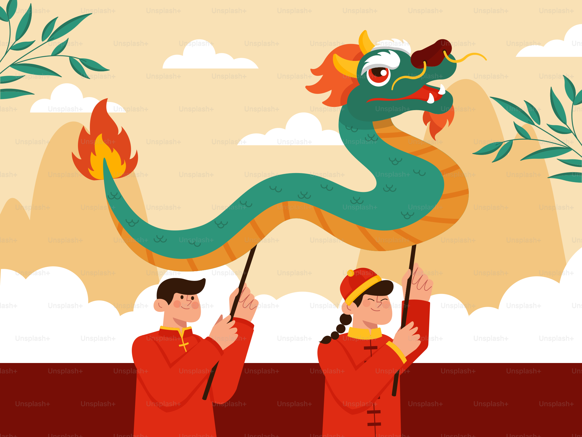 A couple of men holding up a dragon