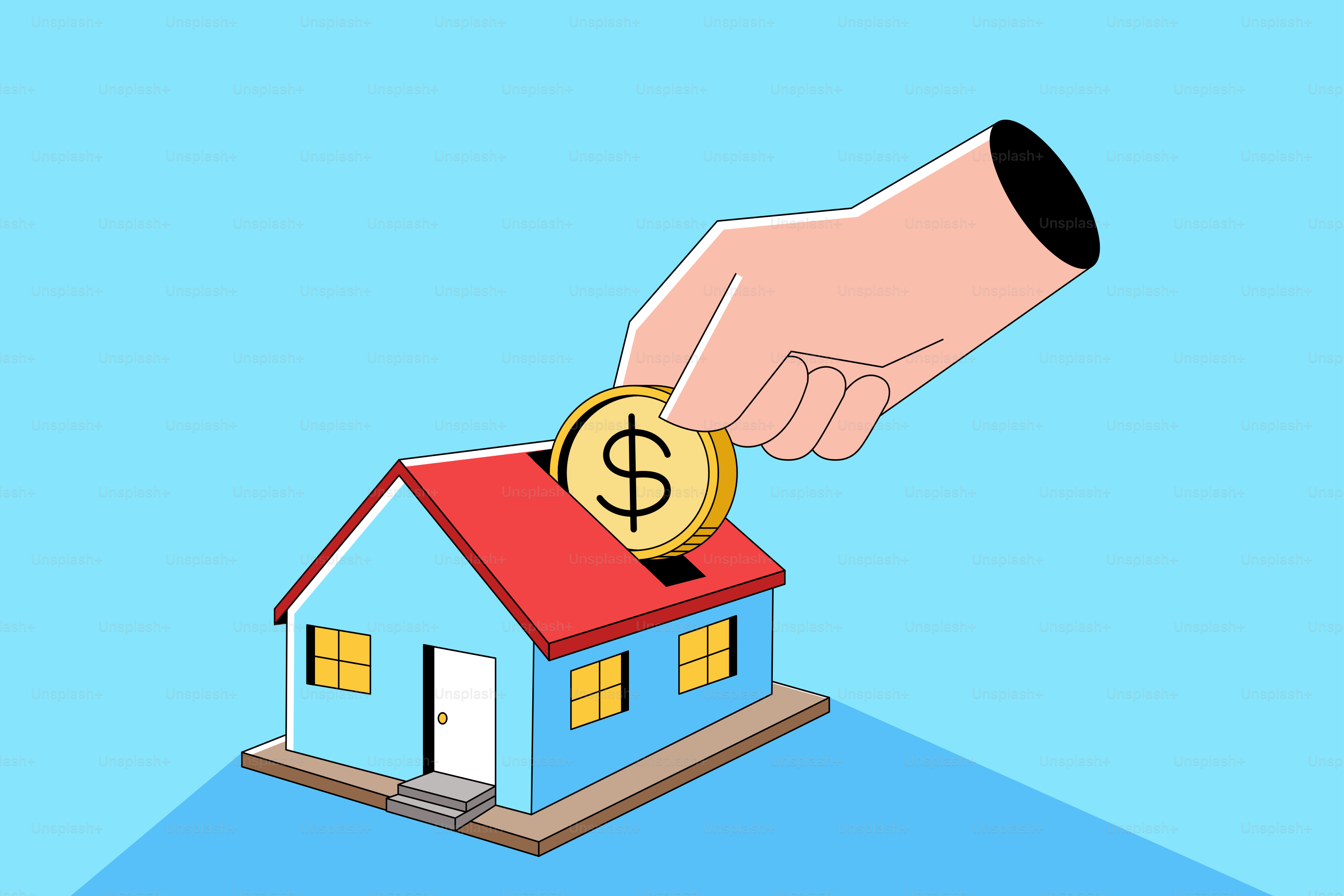 A hand is putting a coin into a small house