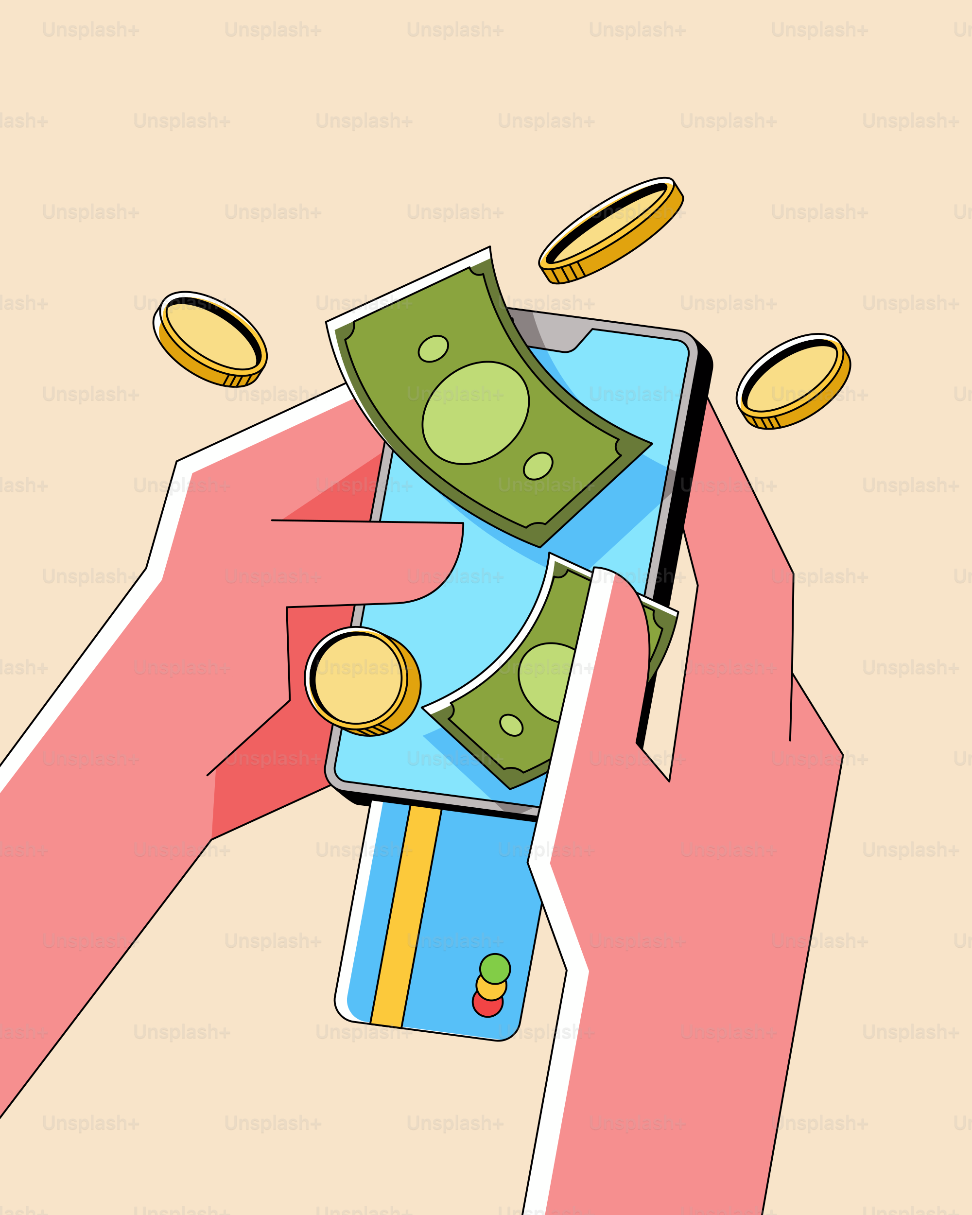 A hand holding a smart phone with money coming out of it