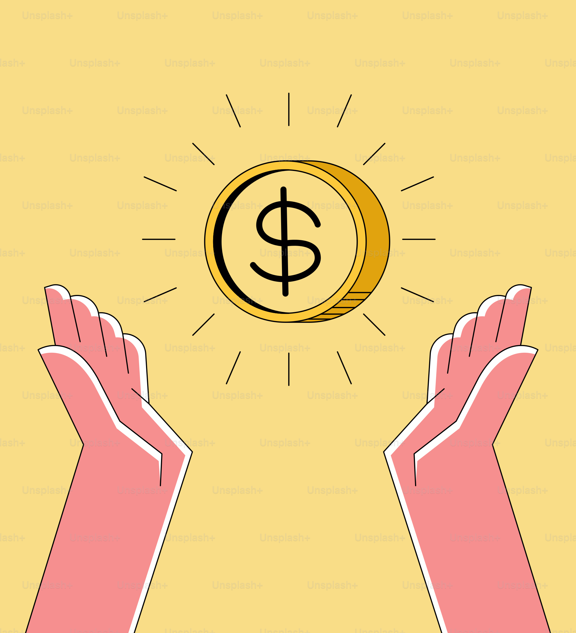 Two hands are holding a coin in front of a yellow background
