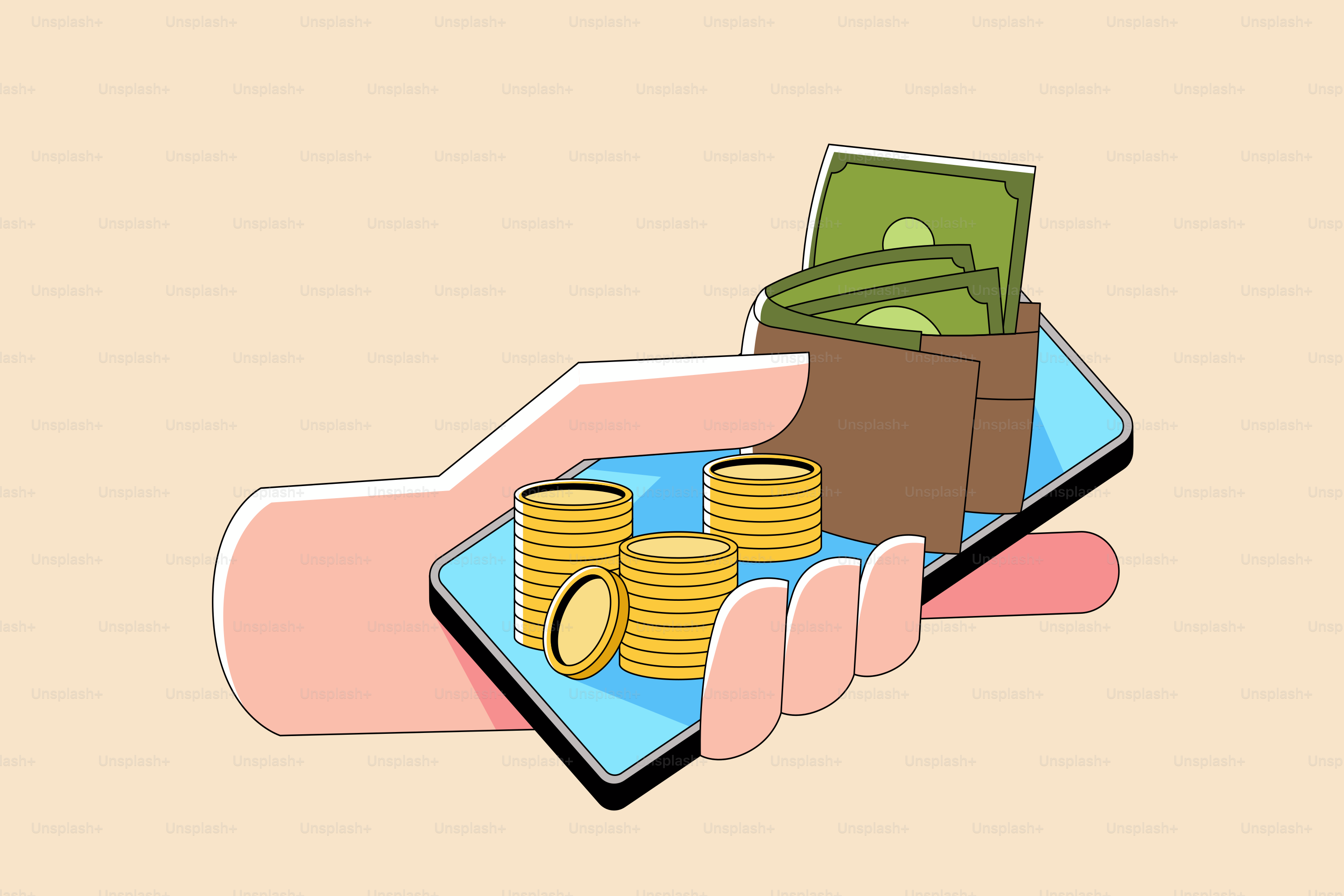 A hand holding a smart phone with stacks of money on it