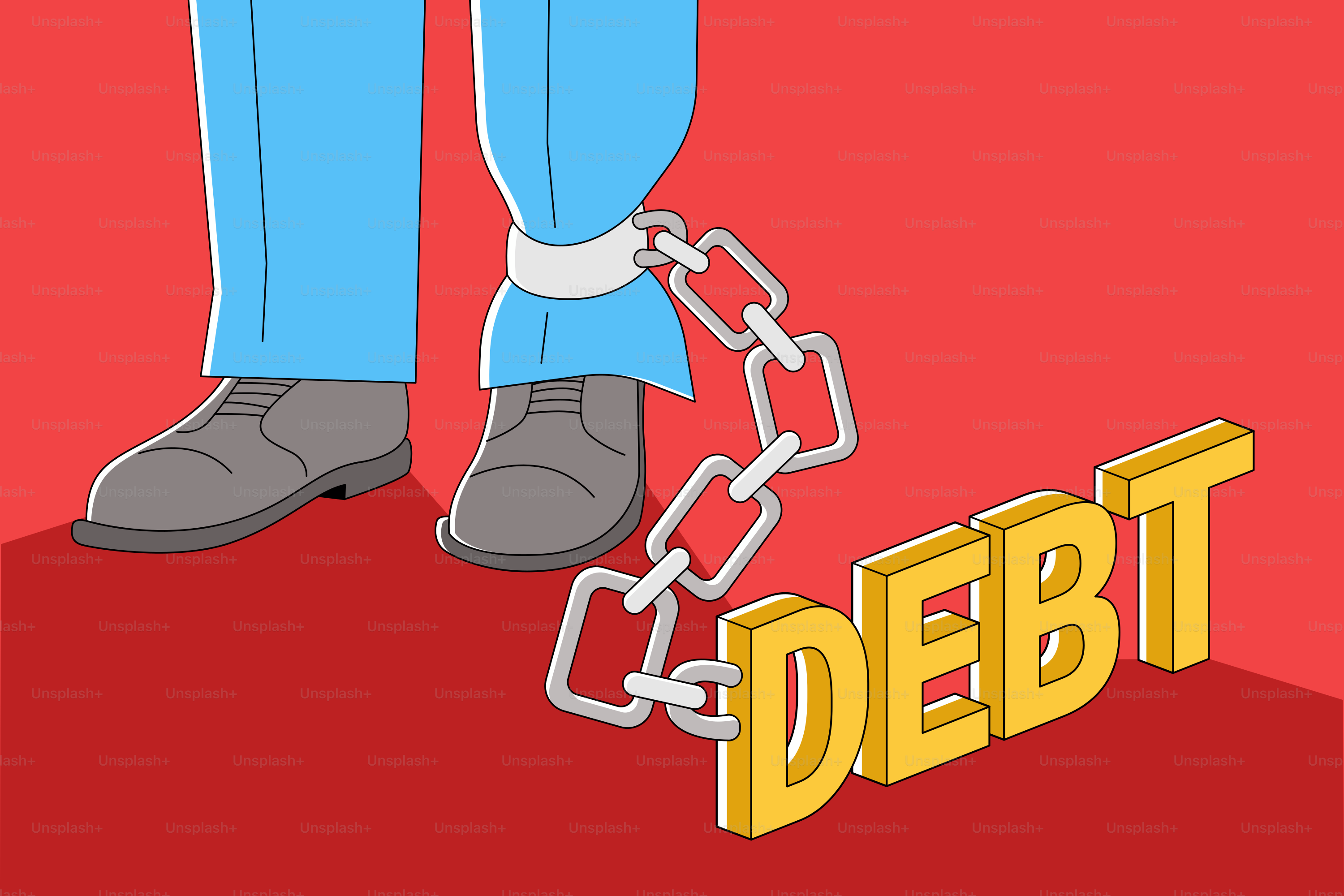A person chained to a chain with the word debt