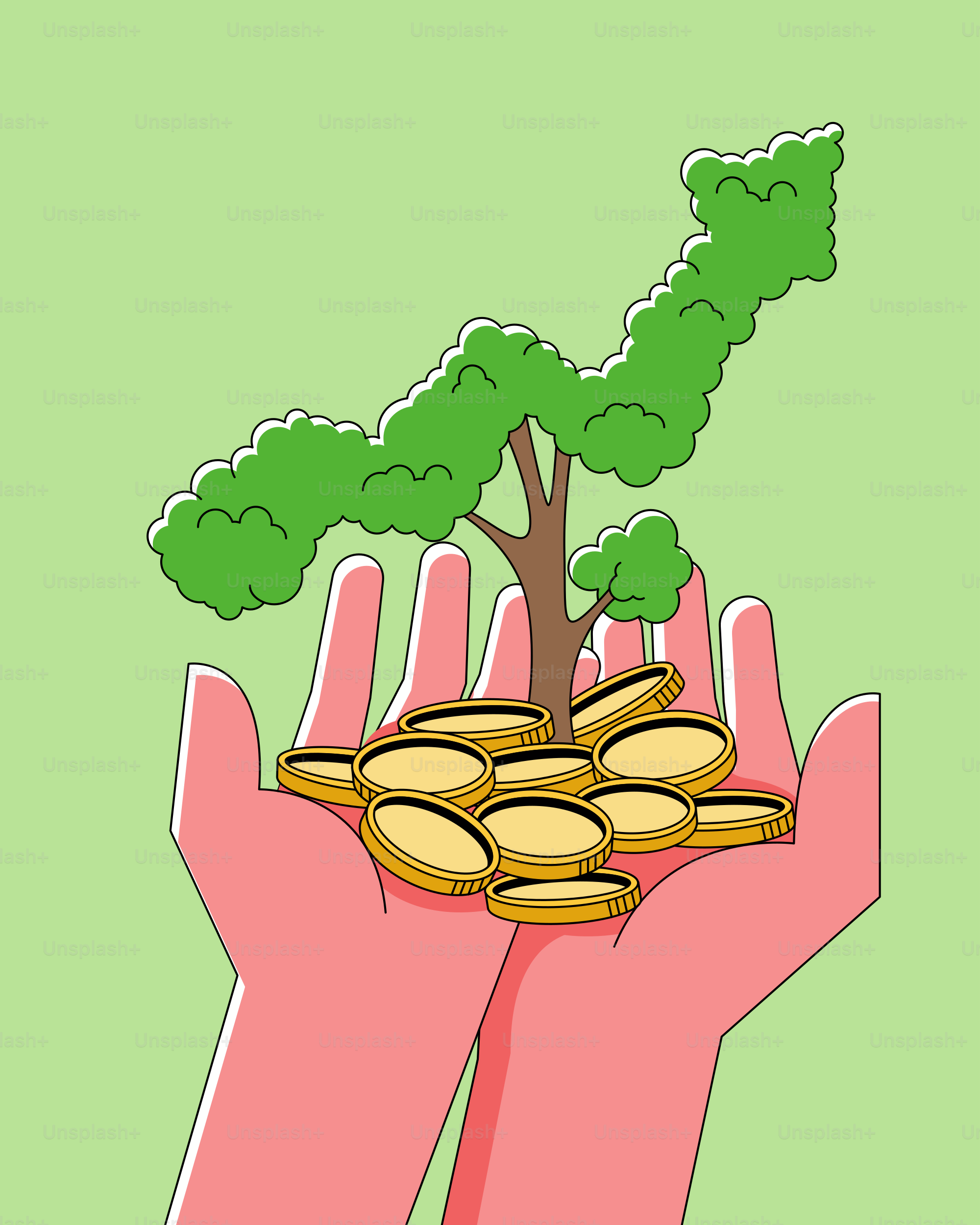 A hand holding a tree and a pile of coins