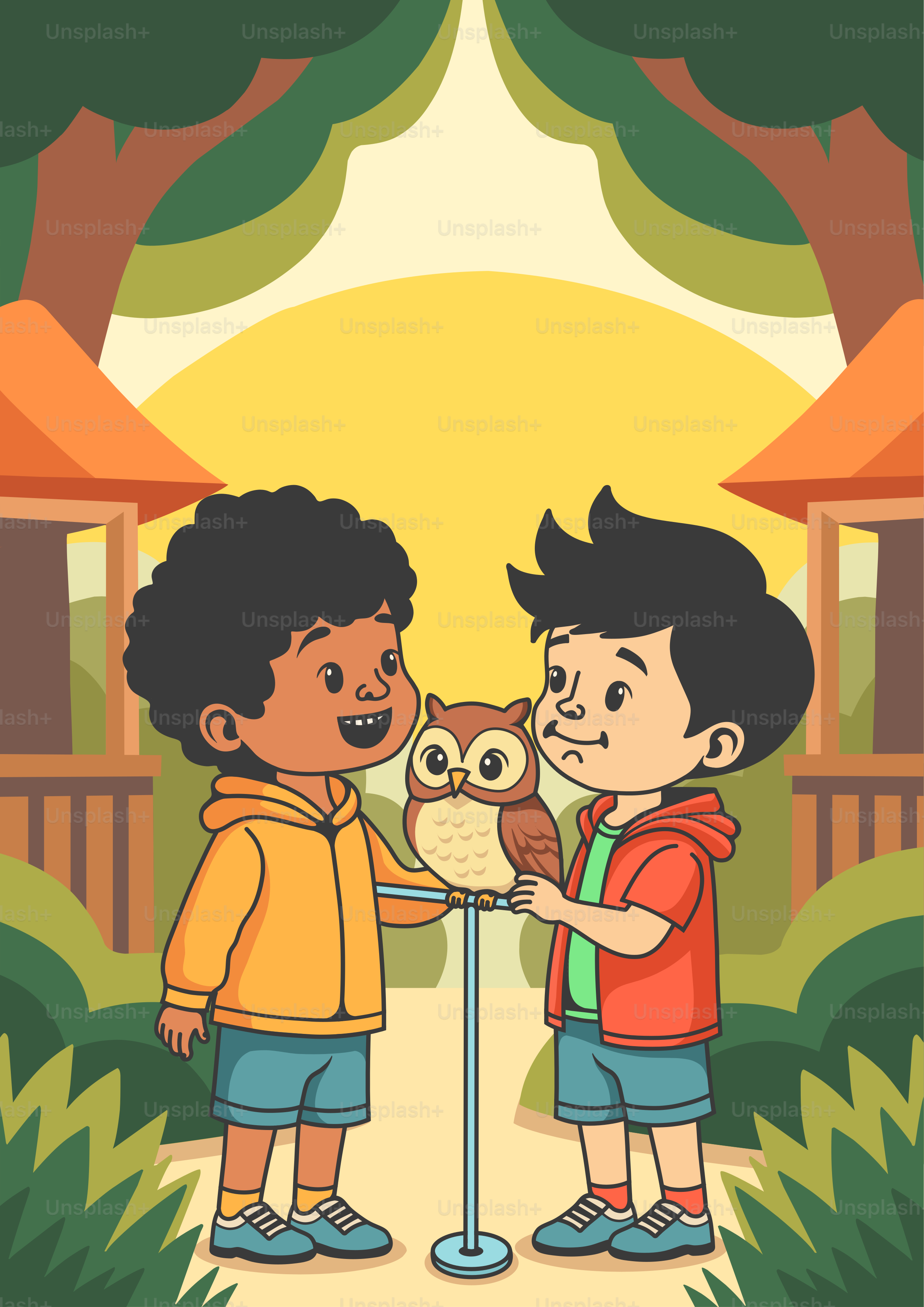 A boy and a girl holding an owl