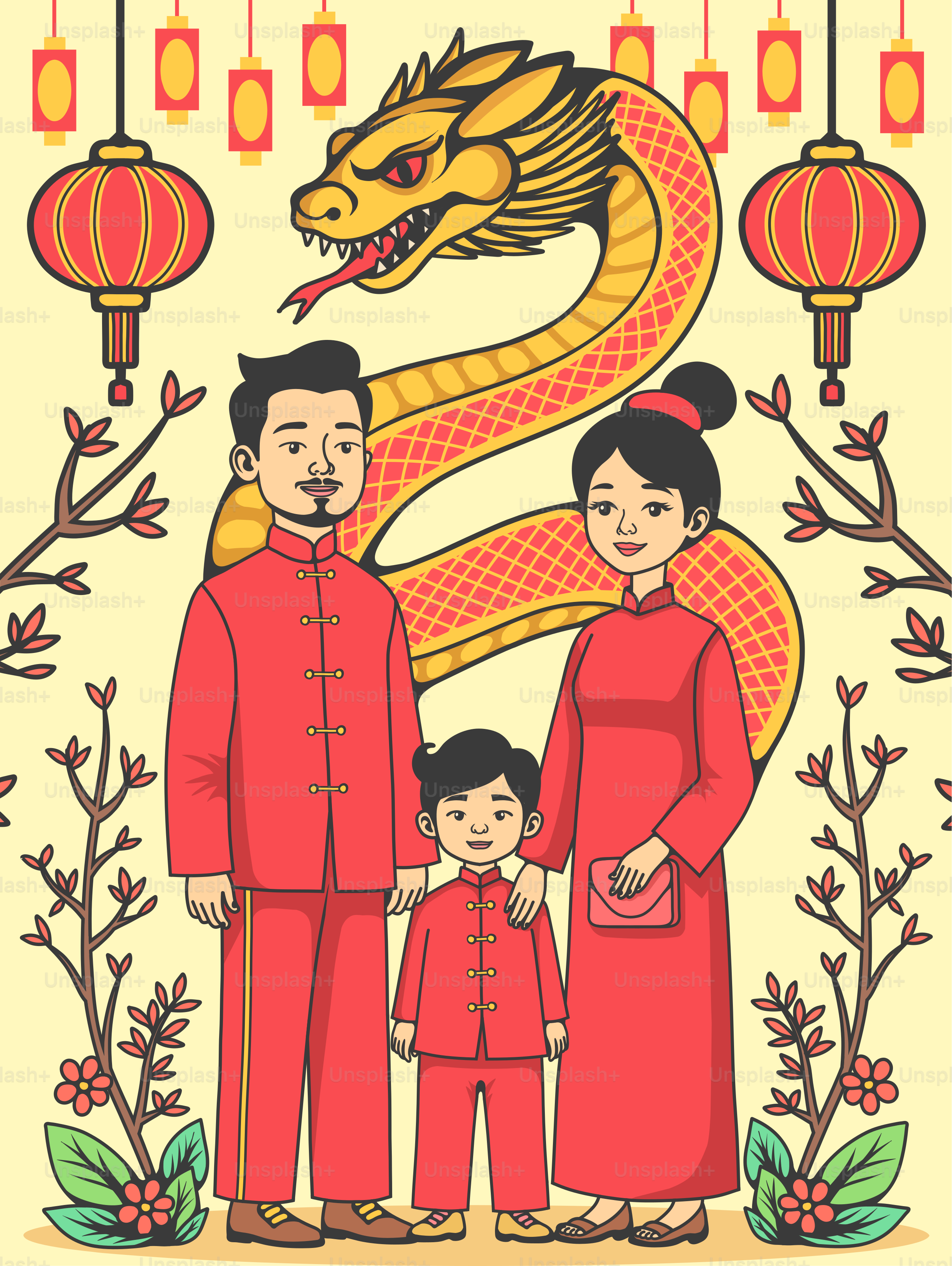 A family with a dragon on the background