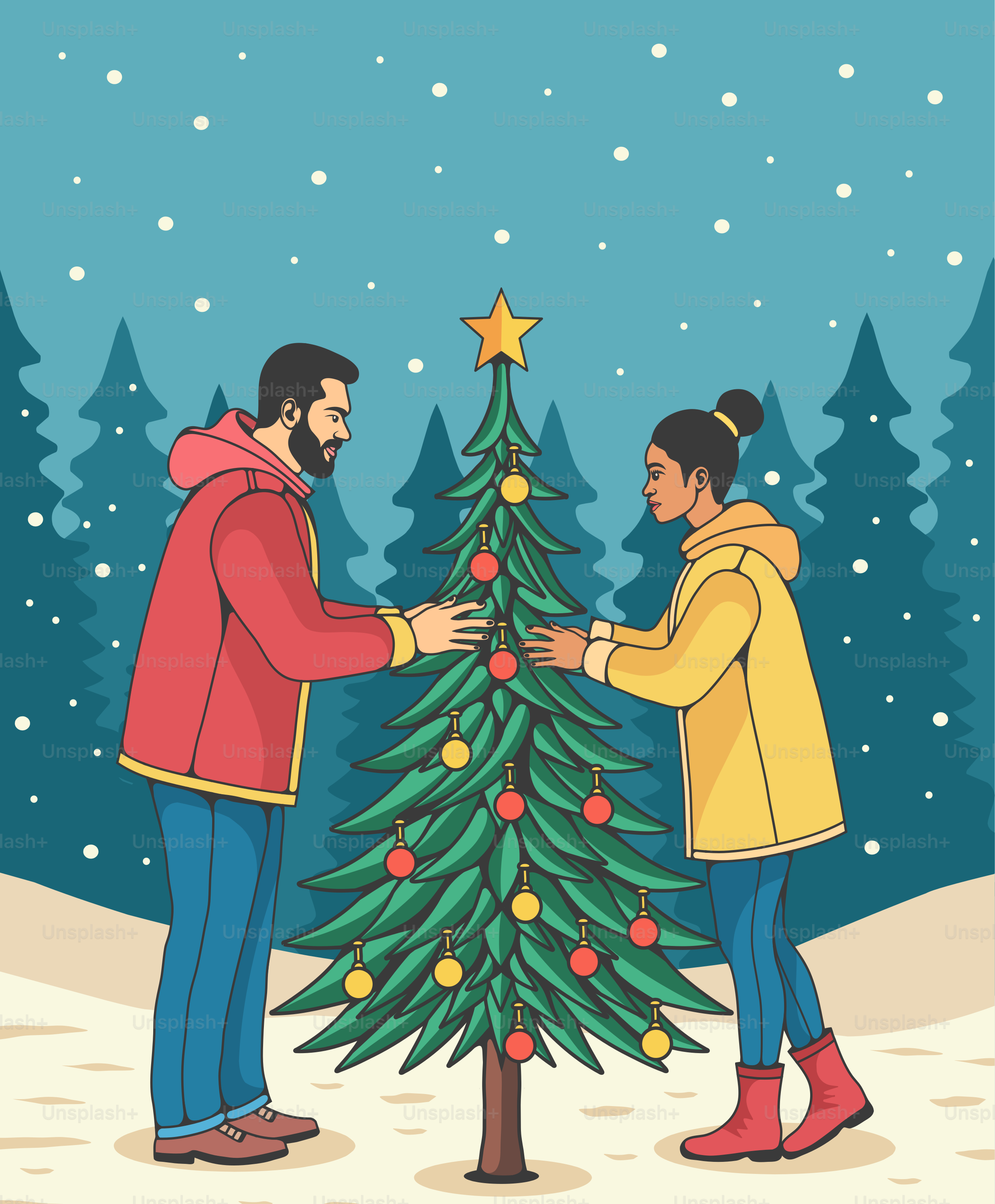 A couple of people standing next to a christmas tree