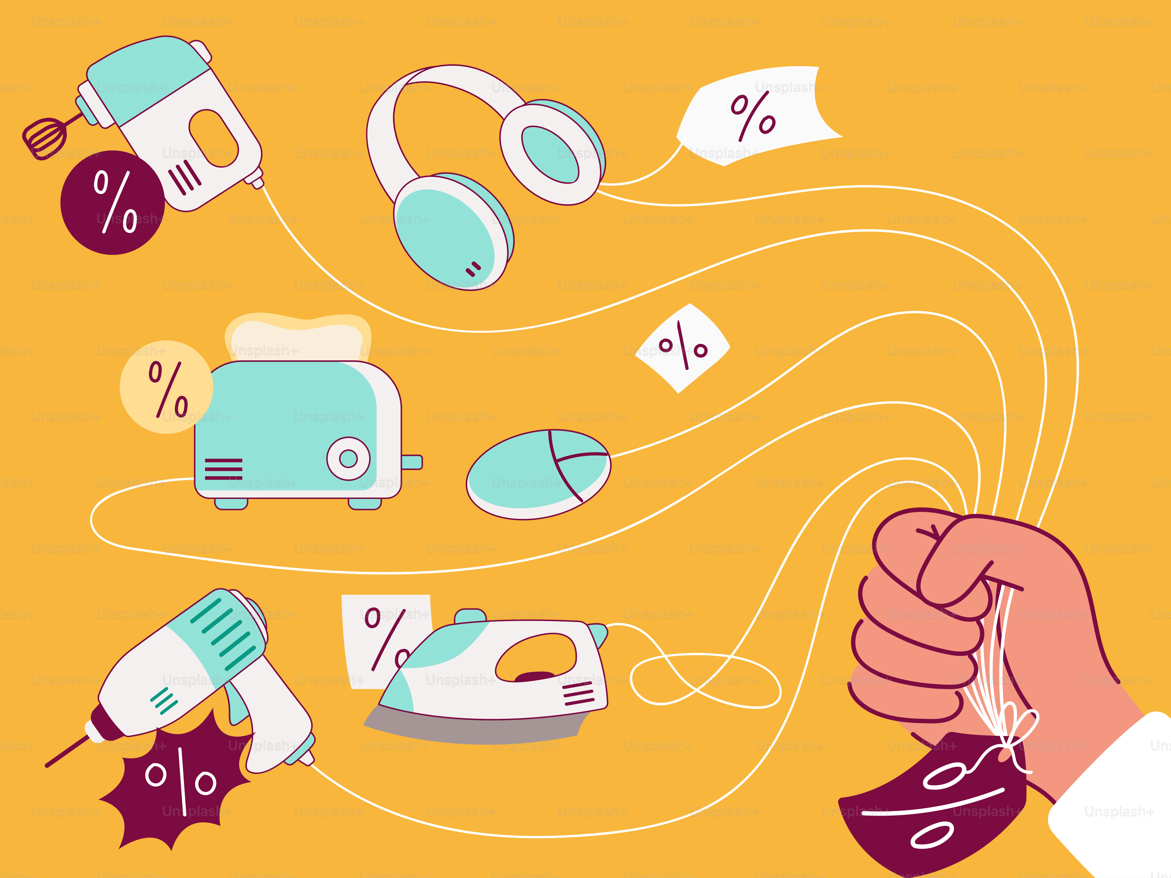 A hand holding a pair of scissors and a pair of hair dryers