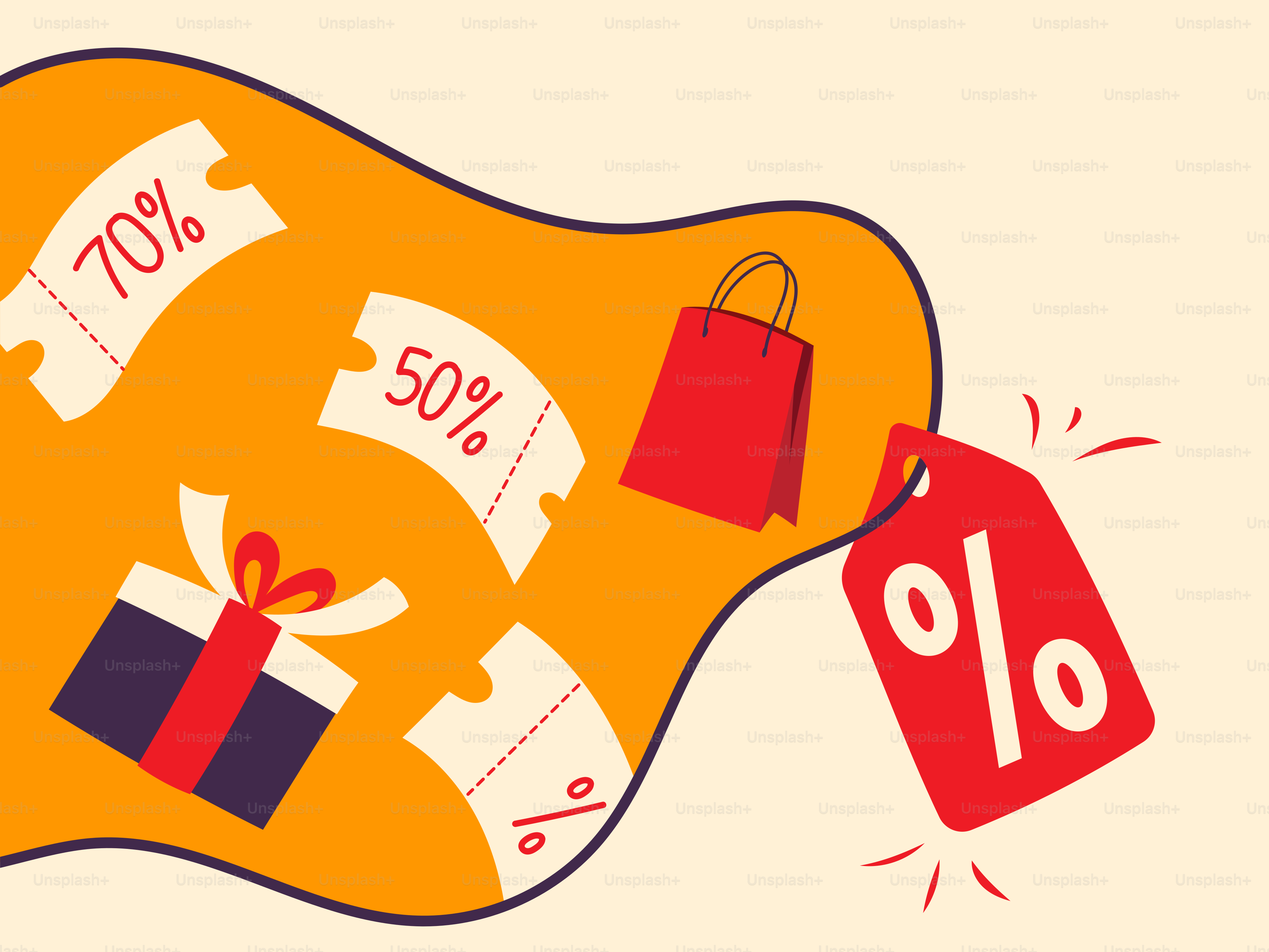 Tanda penjualan dengan tas hadiah dan label harga