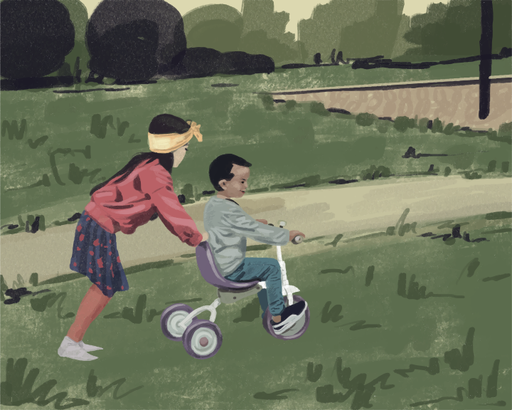 A drawing of a boy and a girl on a tricycle