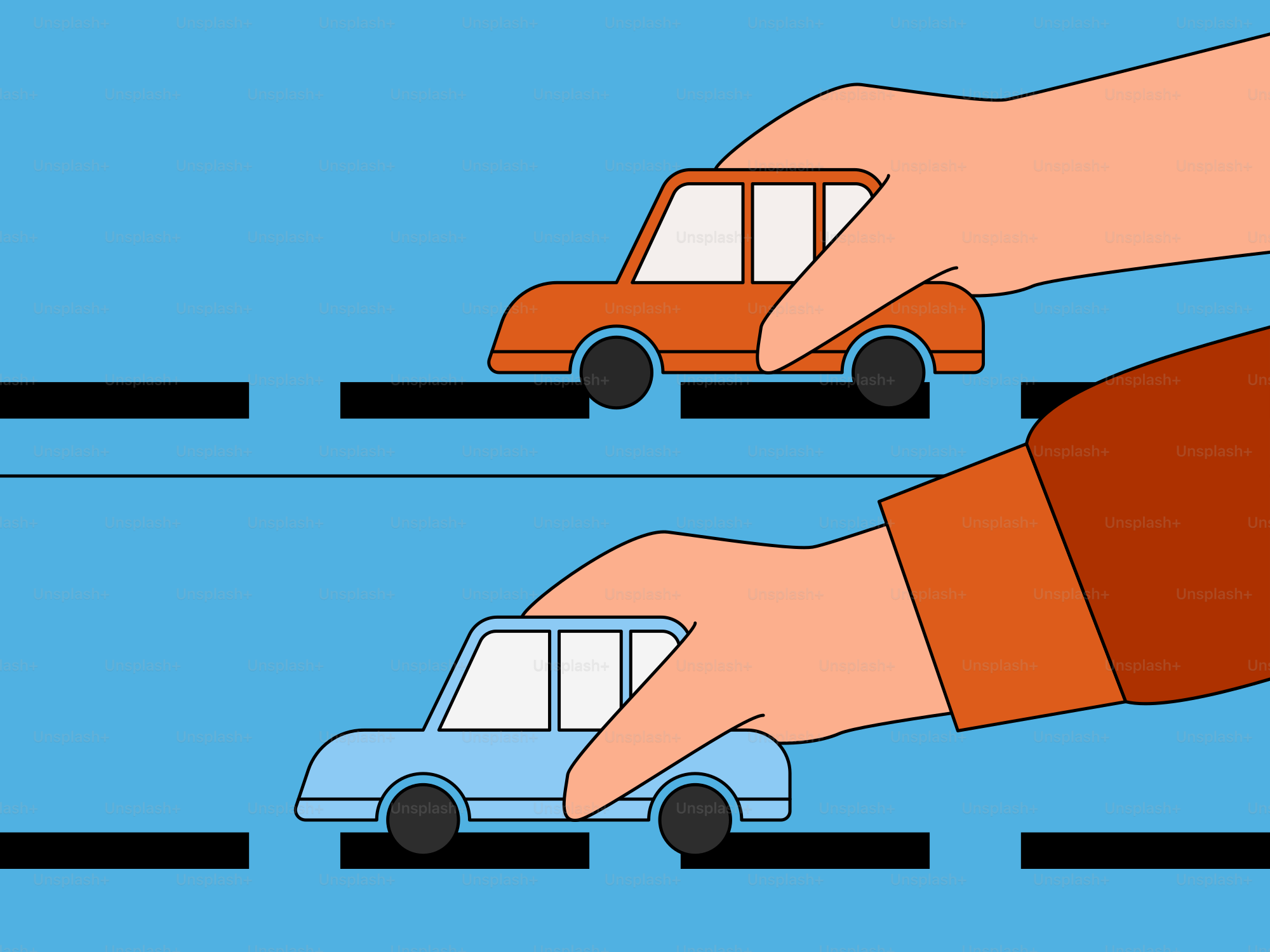 Une main tendant vers une voiture jouet sur la route