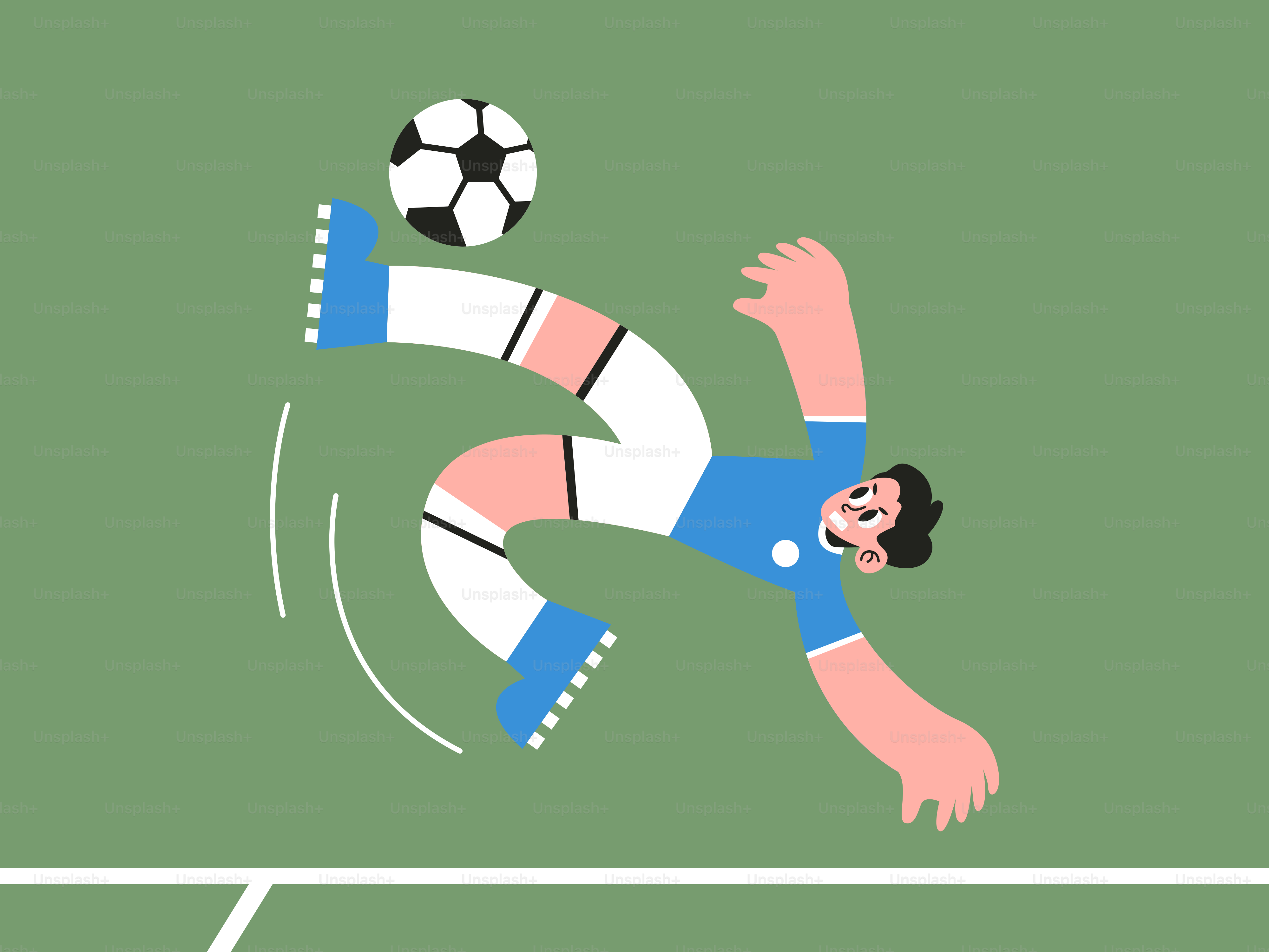 A man is playing soccer on a green field